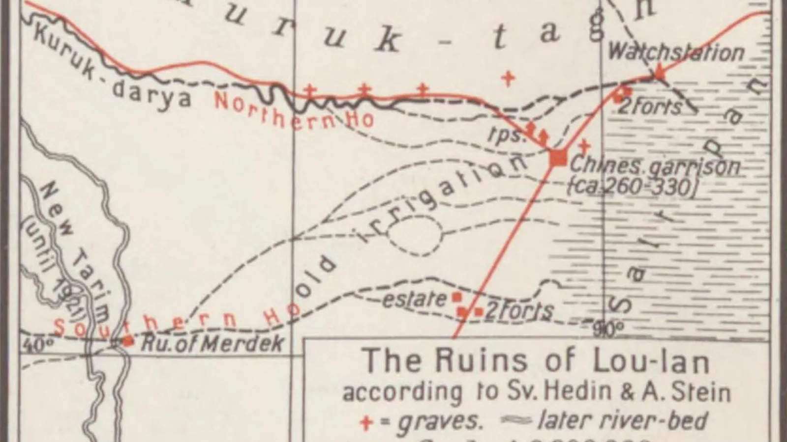 Inset map of the ruins of Loulan based on the surveys of Hedin and Stein