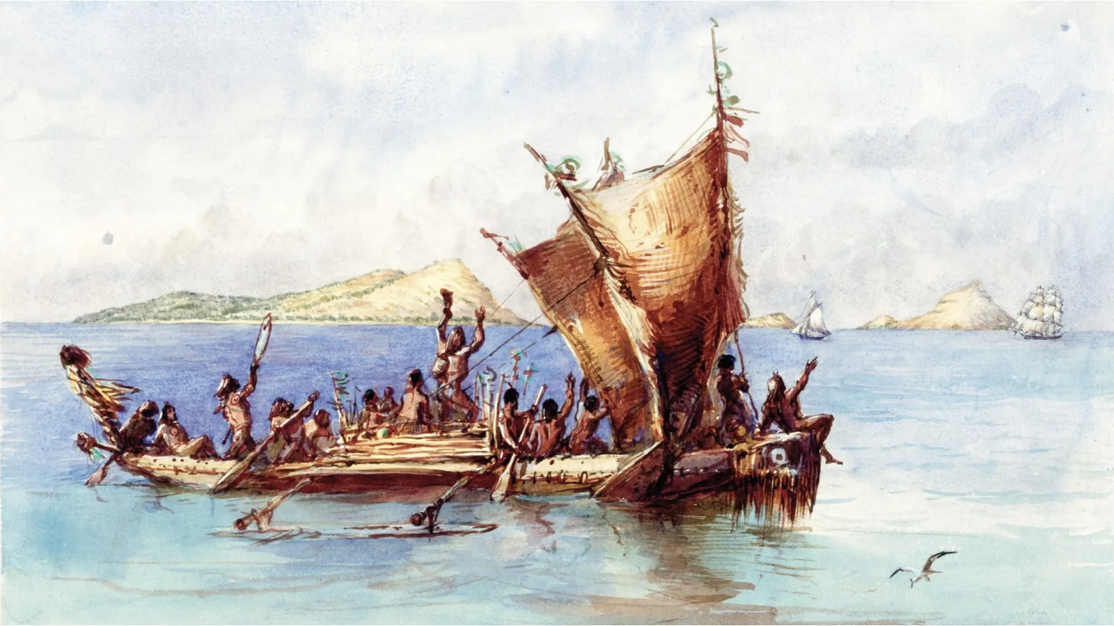 a watercolor of a large sailing canoe crowded with people, islands and a ship in the distance