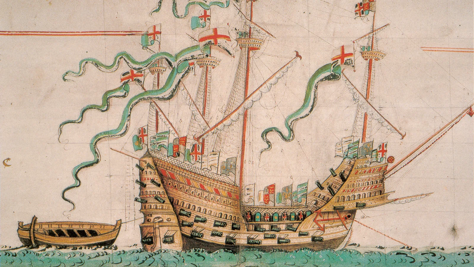 Illuminated manuscript illustration of the four-masted carrack Mary Rose under full rig with flags and gunports