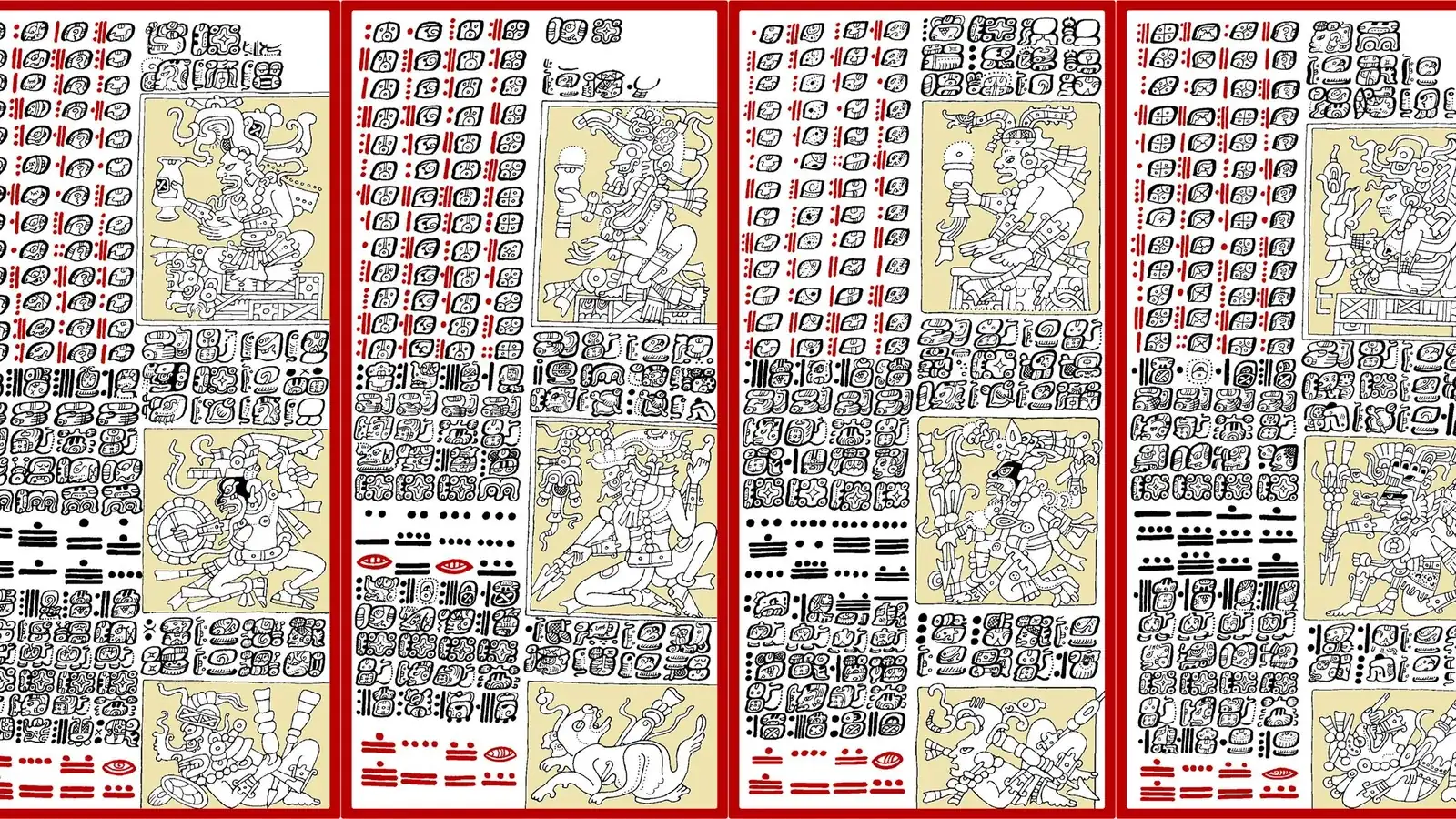 pages of a painted codex with columns of glyphs