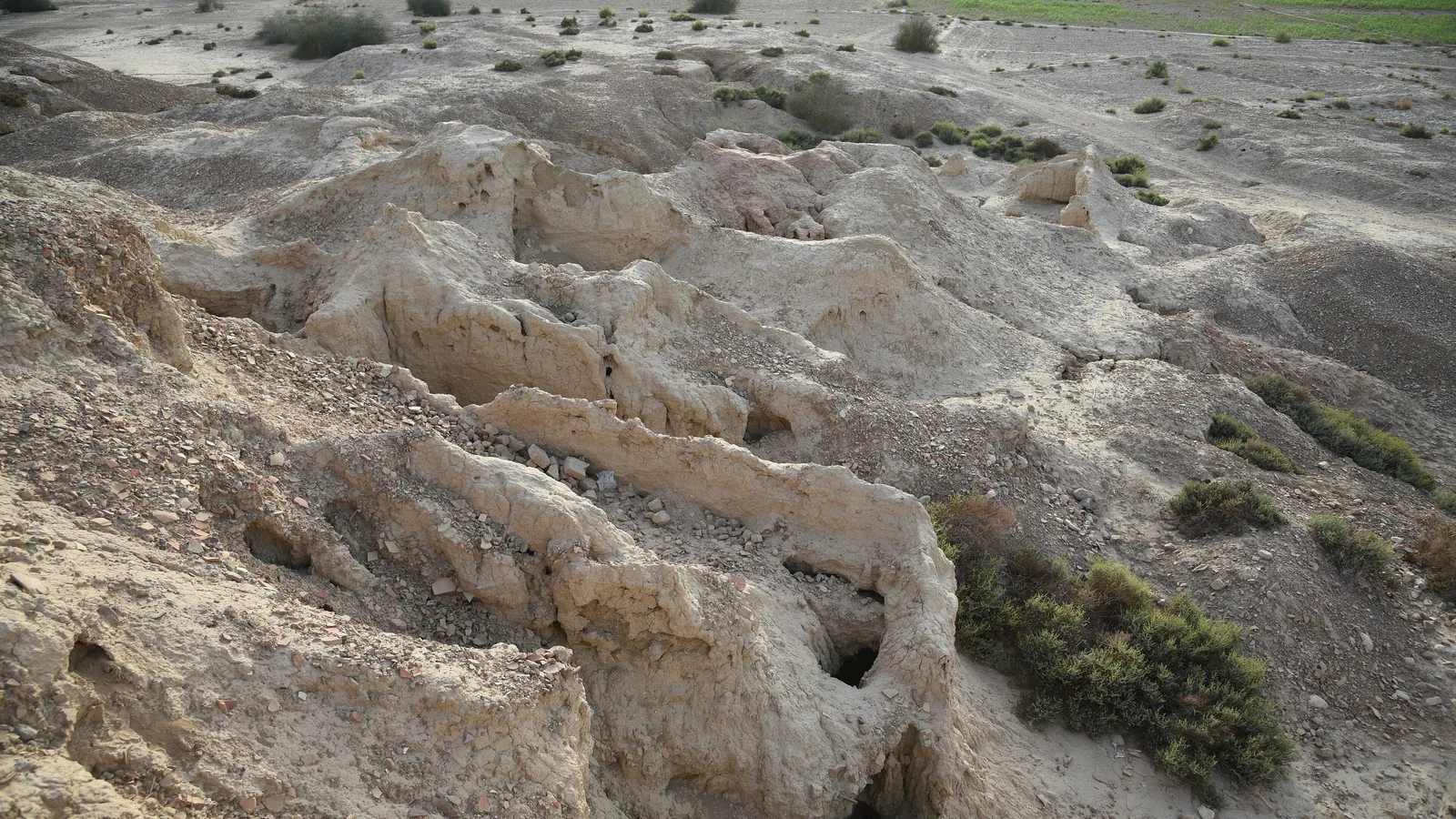 eroded mud-brick walls of an excavated settlement on a dry plain with sparse shrubs