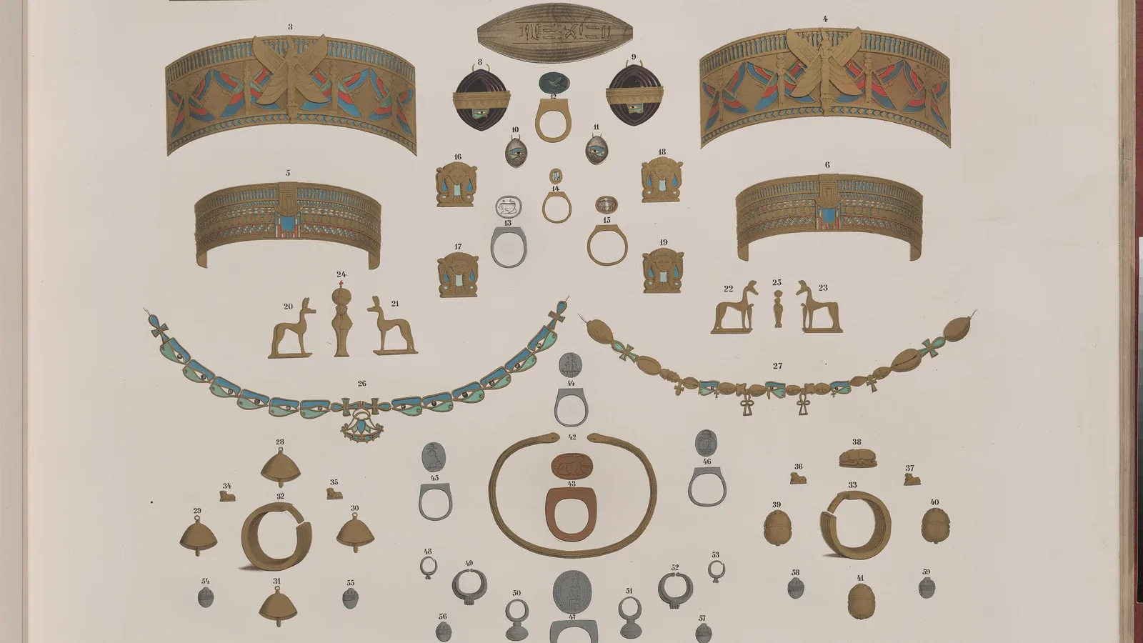 Period engraving of gold and silver jewelry pieces from a Meroë pyramid