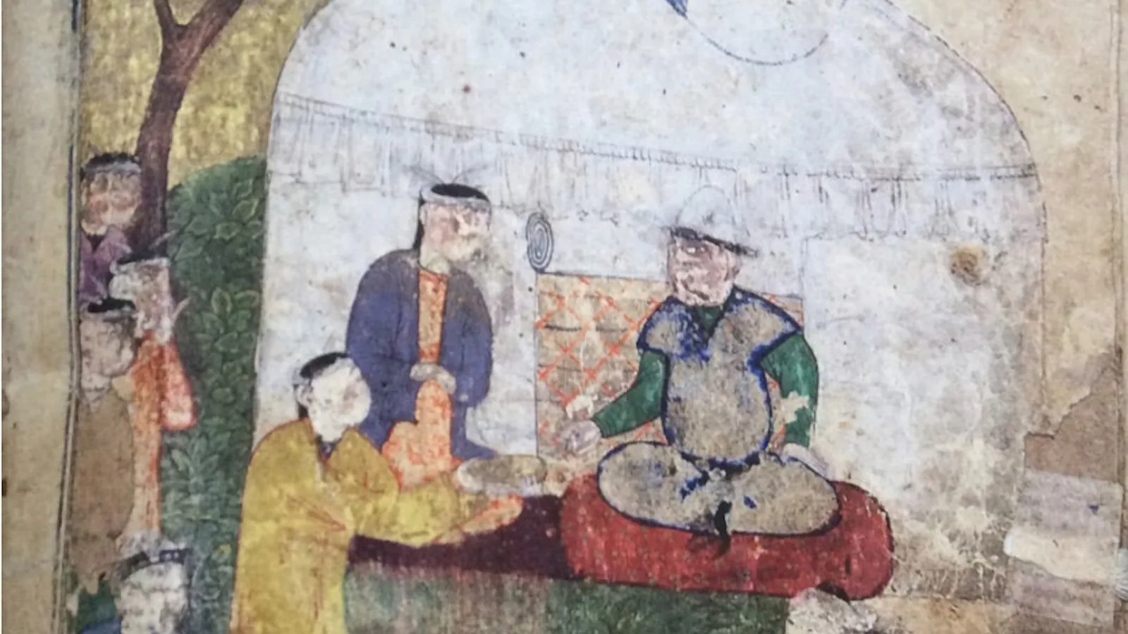 a worn Persian miniature of a seated ruler on a red cushion before a white felt tent, with attendants offering a dish under a flowering tree