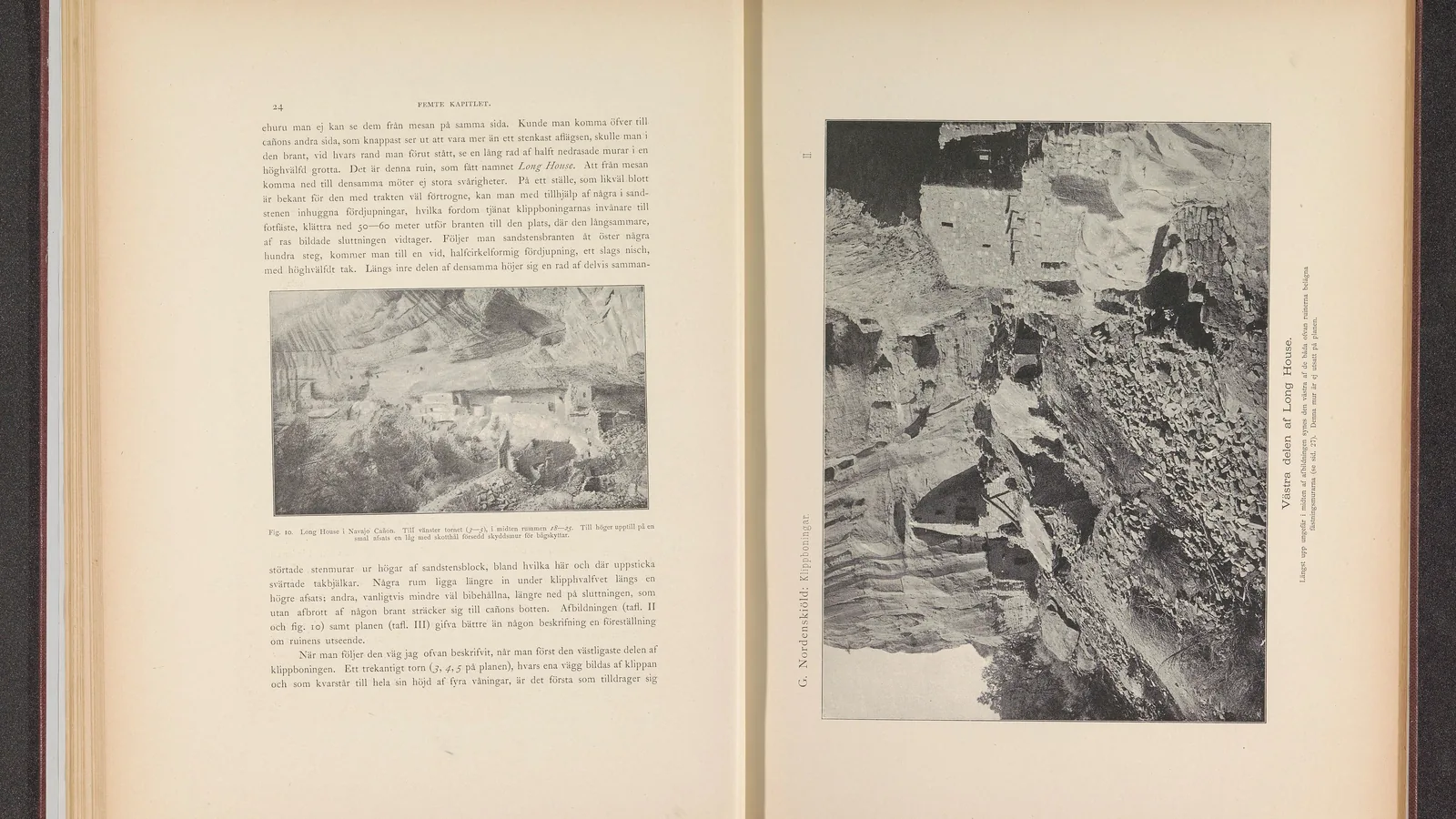 Sepia-toned early photograph of stone-walled rooms in a long alcove under a cliff, with rubble and brush below