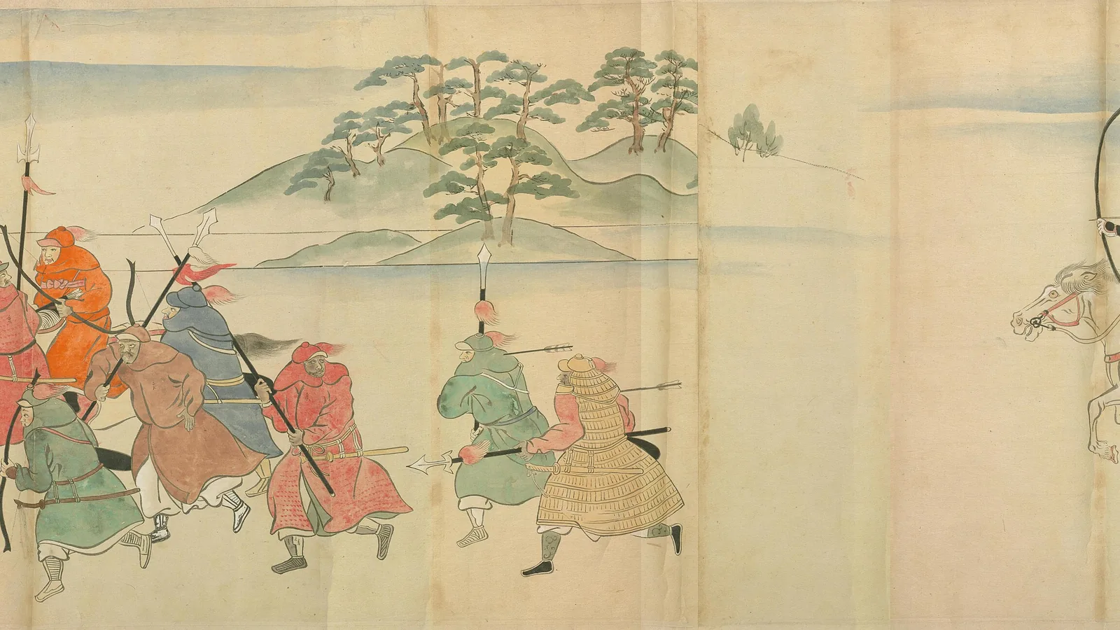 Painted scroll scene of a mounted samurai firing arrows at retreating soldiers