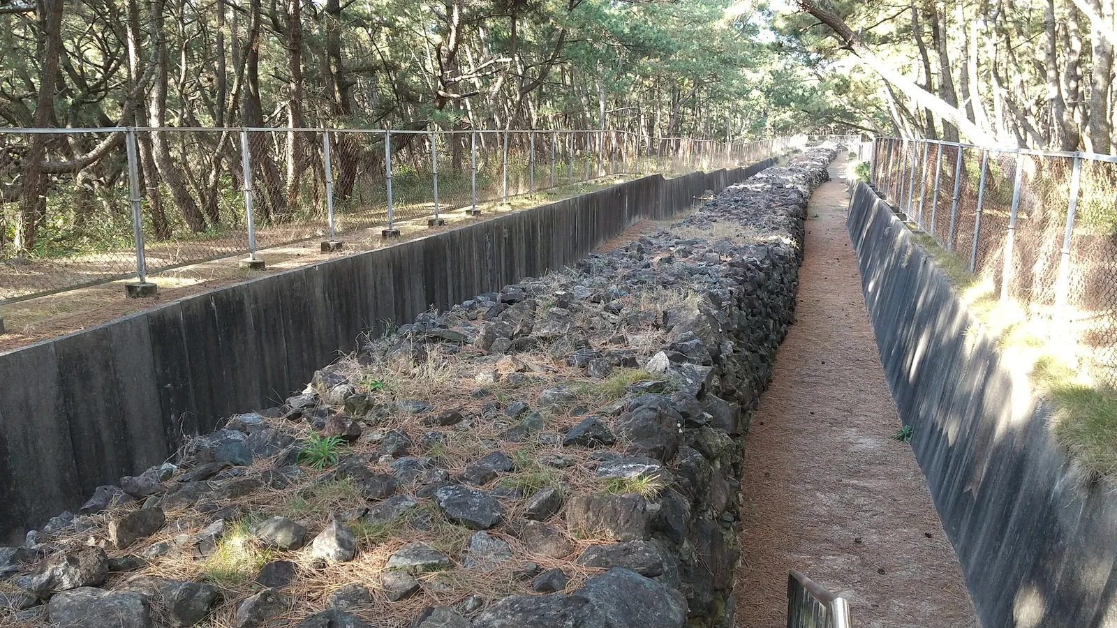 Low stone wall running along a grassy shoreline
