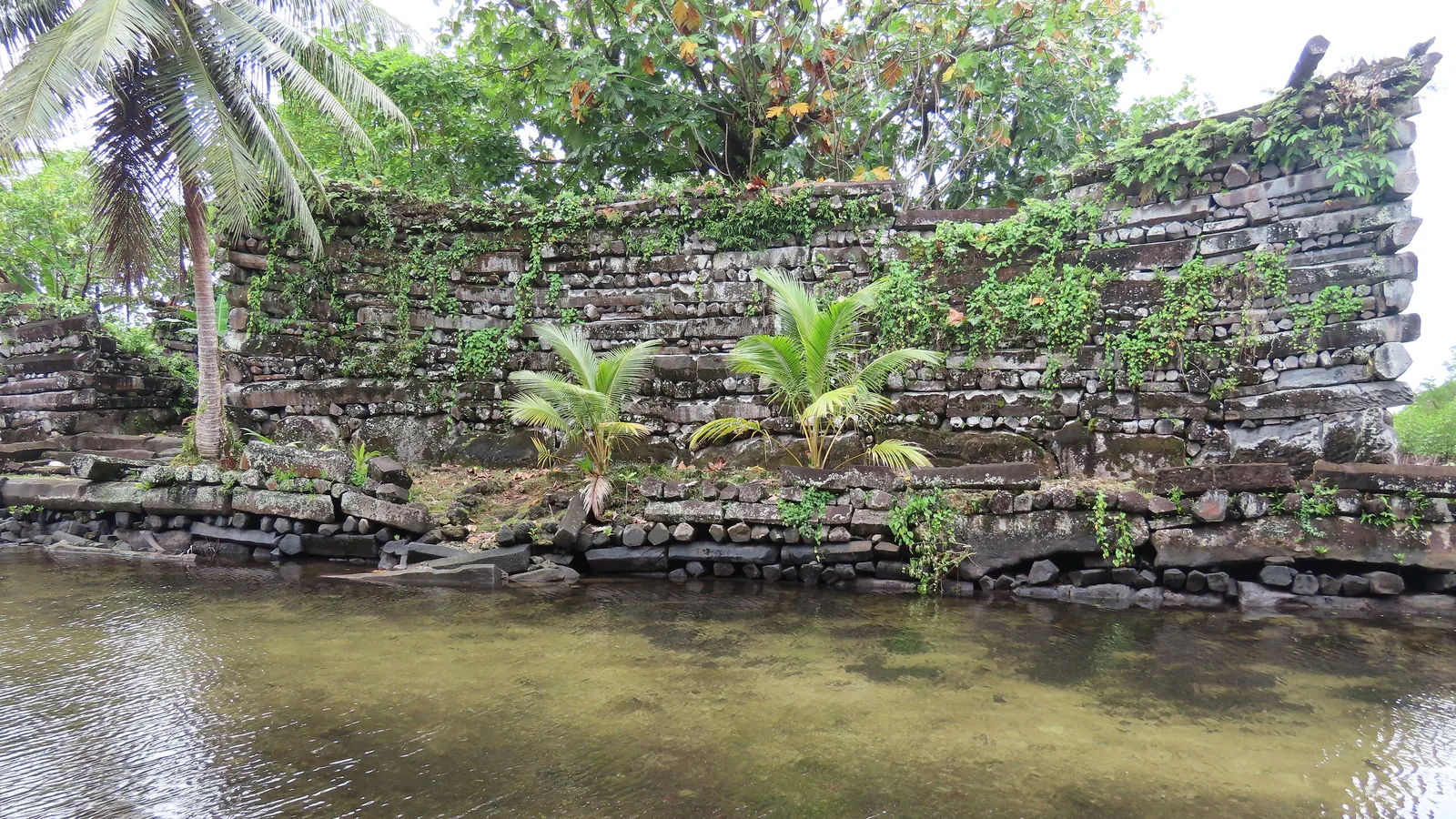 A water canal running between two stone islets at Nan Madol, with mangroves along the banks