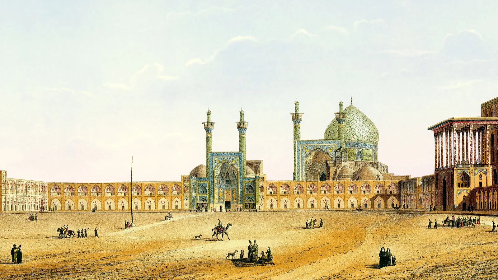 a nineteenth-century drawing of a long rectangular square with a domed mosque at its far end and arcades along both sides