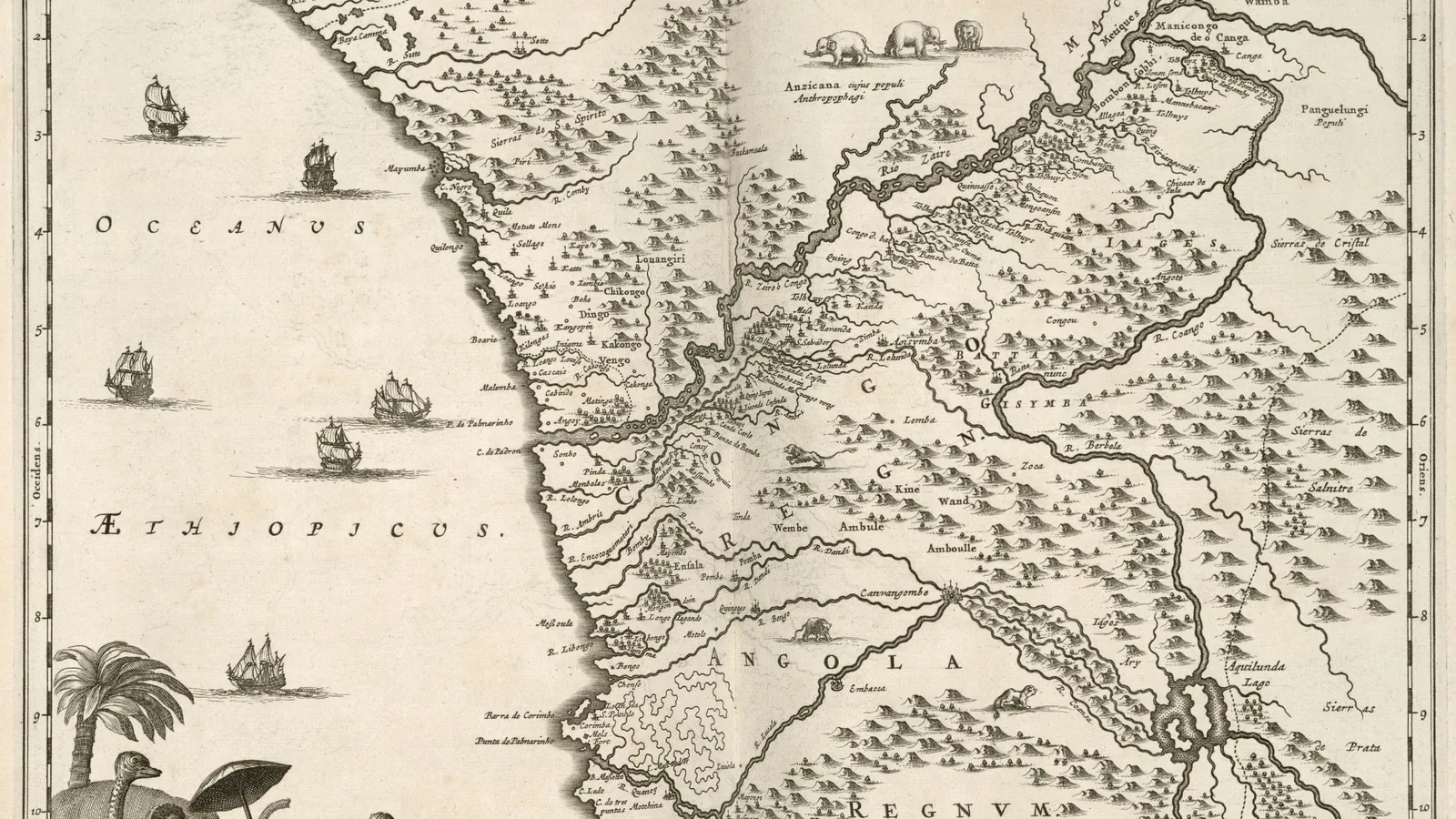 Period engraved map of southwest Africa labelled Regna Congo et Angola, with animals and ships illustrated
