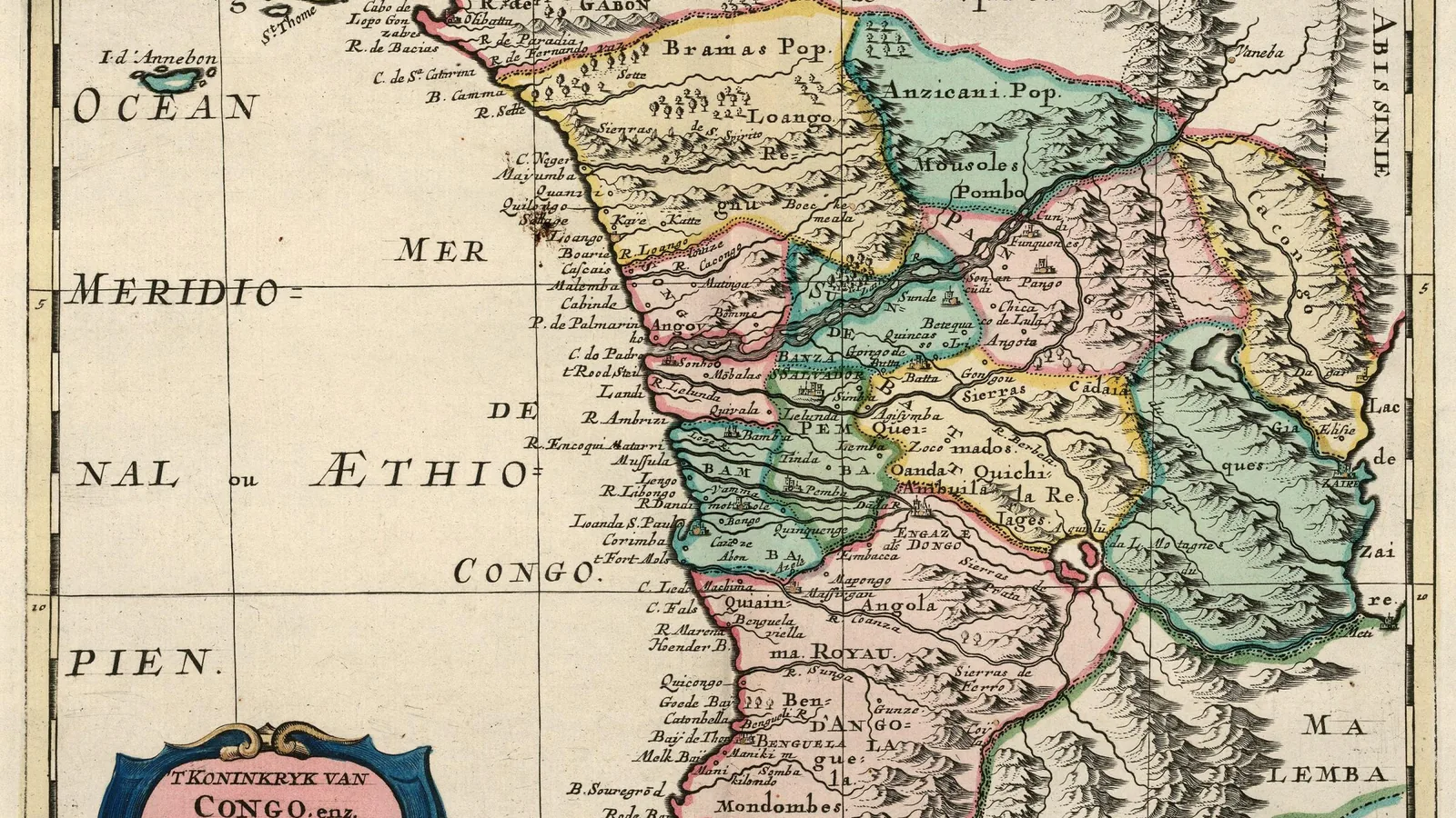 Period engraved map of the Congo and Angola coastline with decorative cartouche