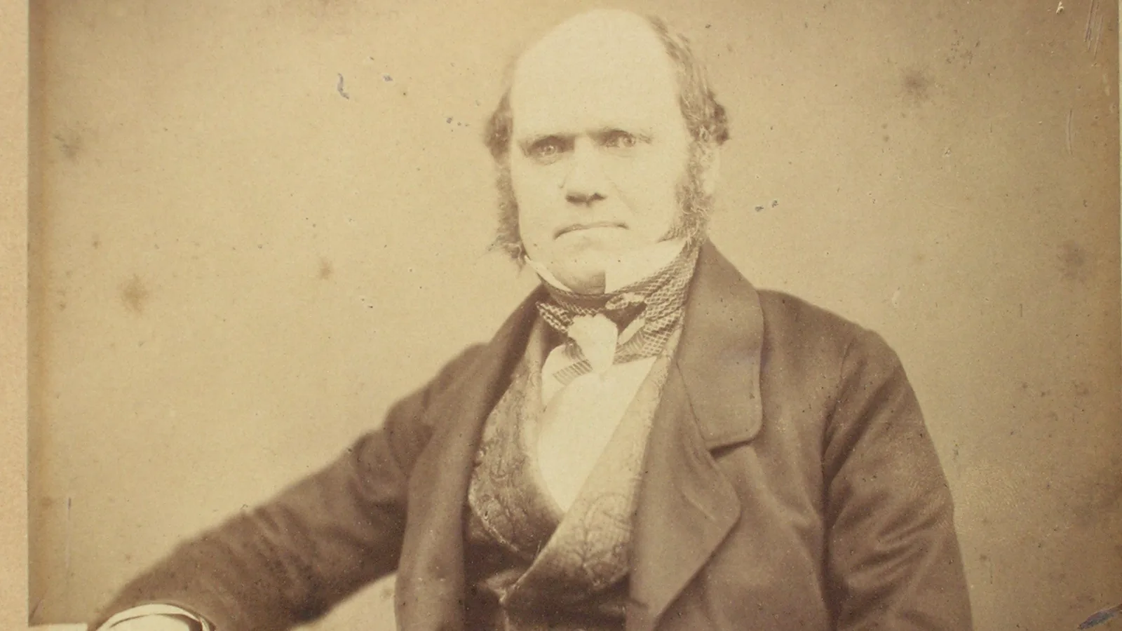 A seated middle-aged man in a dark coat and checked waistcoat, photographed in sepia