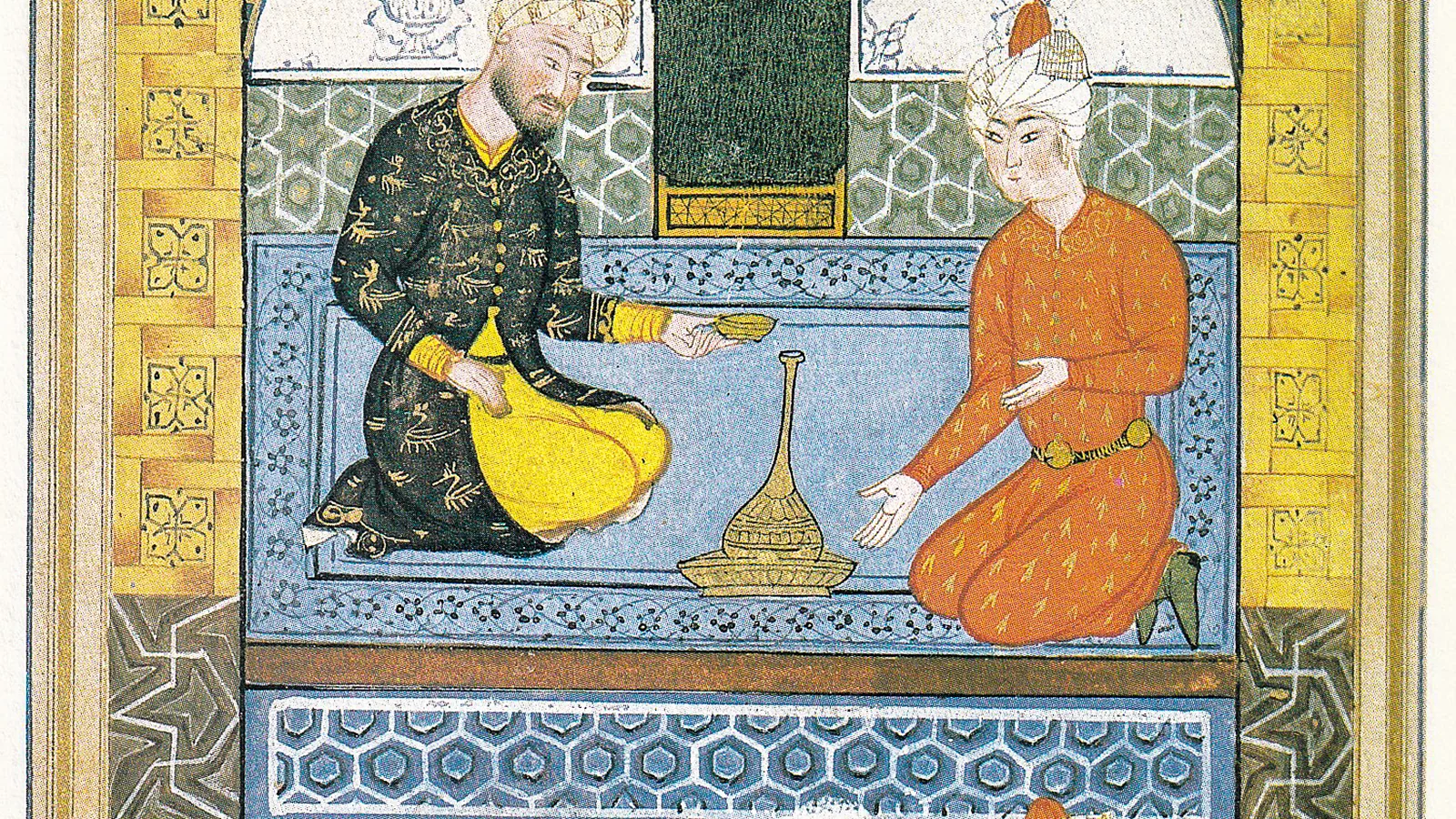 An Ottoman miniature painting of men seated in a coffee house