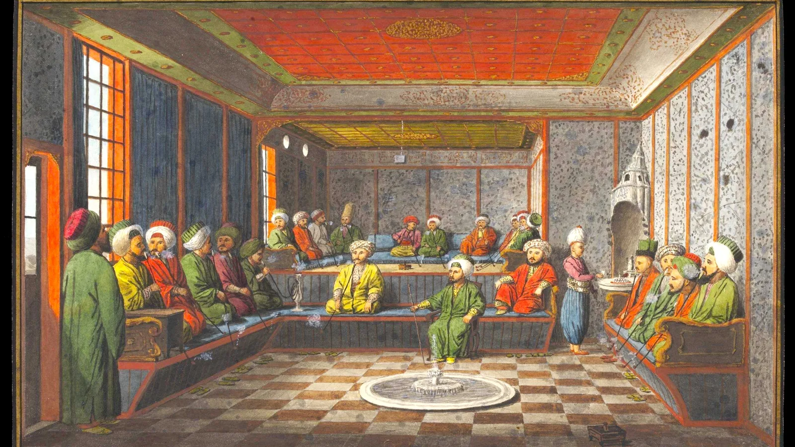 A watercolour painting of men seated inside an Ottoman coffeehouse in Istanbul