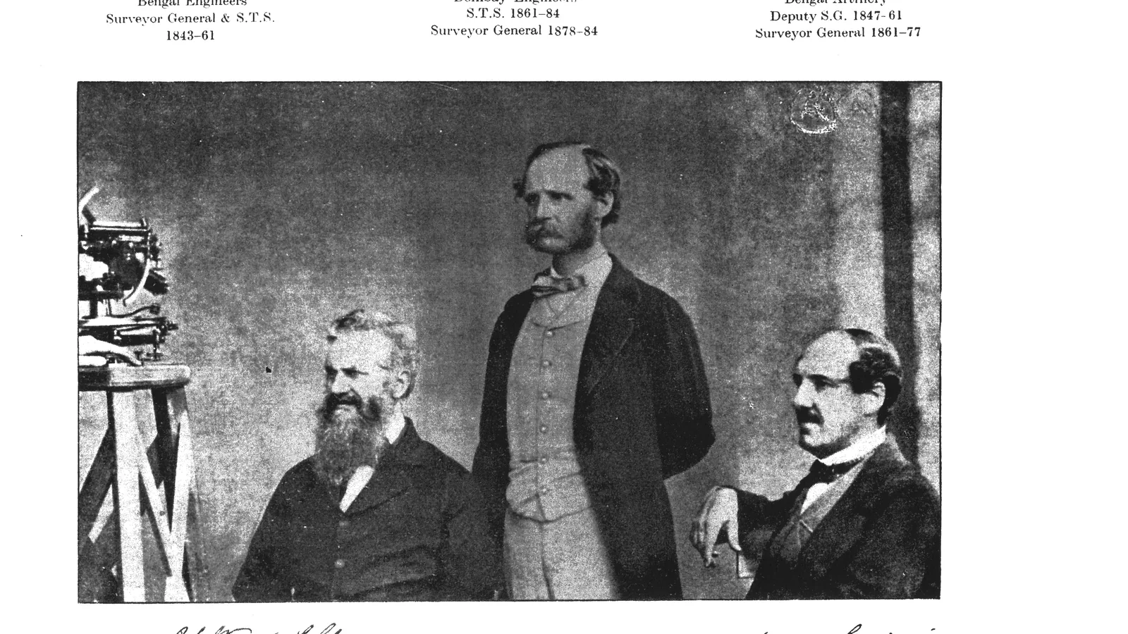 Group portrait of three men in mid-19th-century dress, surveyors of the Survey of India