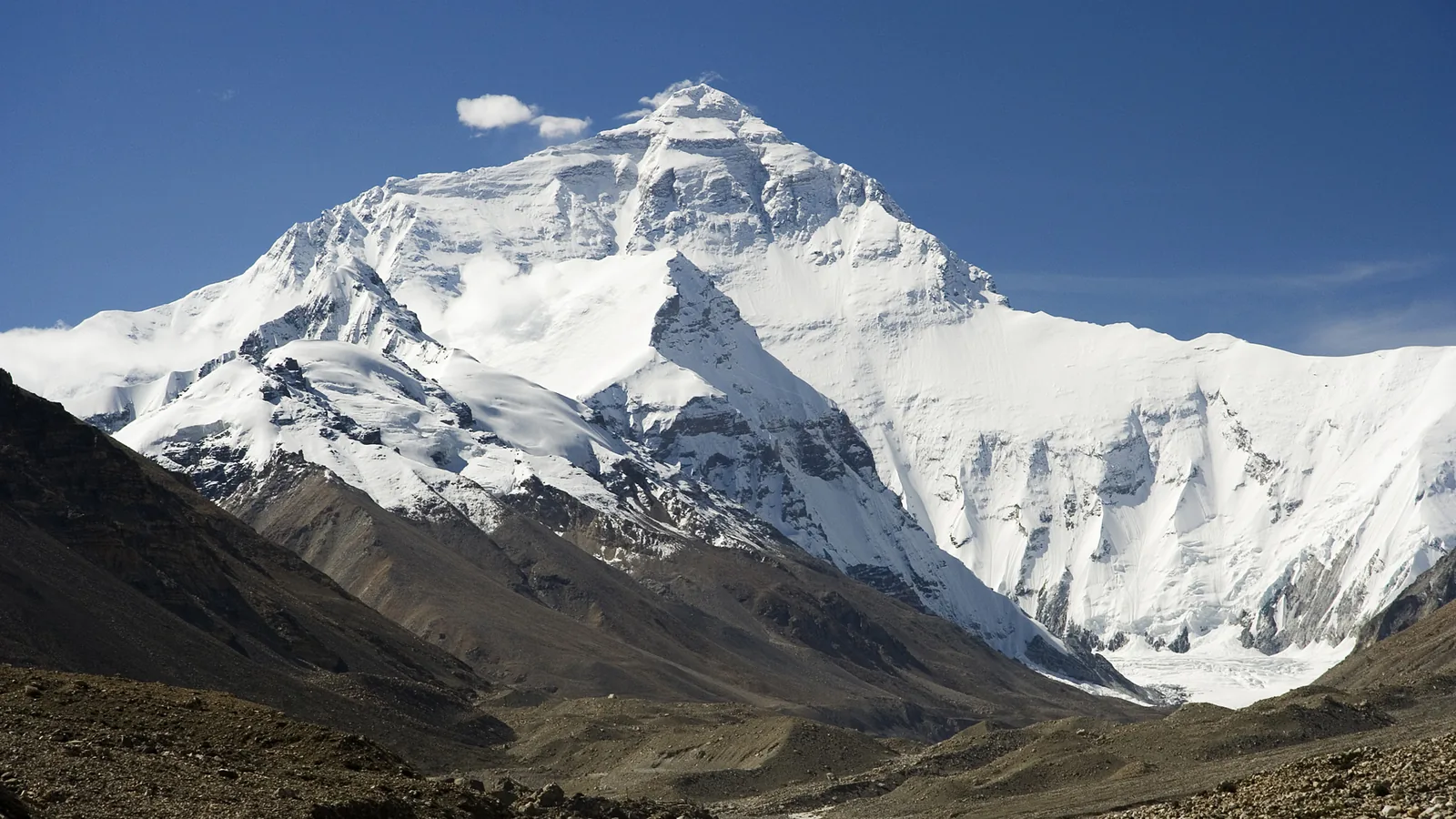 Mount Everest's north face rising above the path to base camp in the Rongbuk Valley