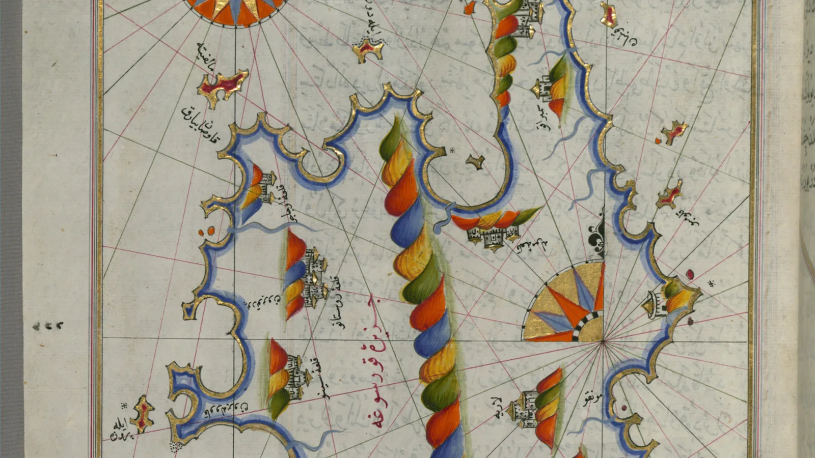 Manuscript folio showing a hand-drawn coastal map of an island with Ottoman Turkish script
