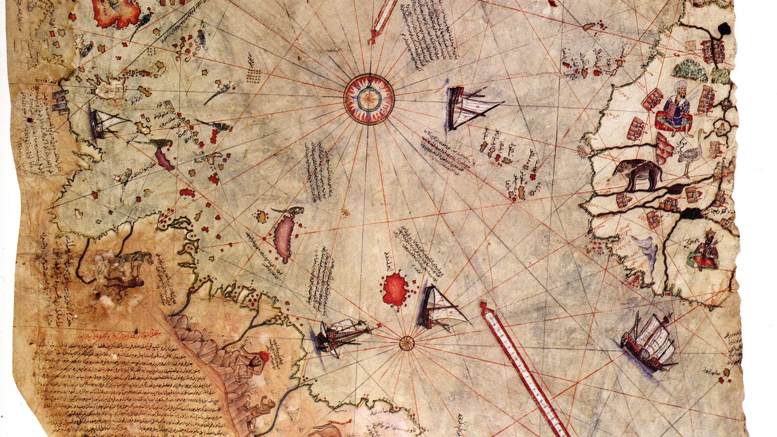 Aged gazelle-skin parchment map fragment with coastlines, ships and Arabic script notes