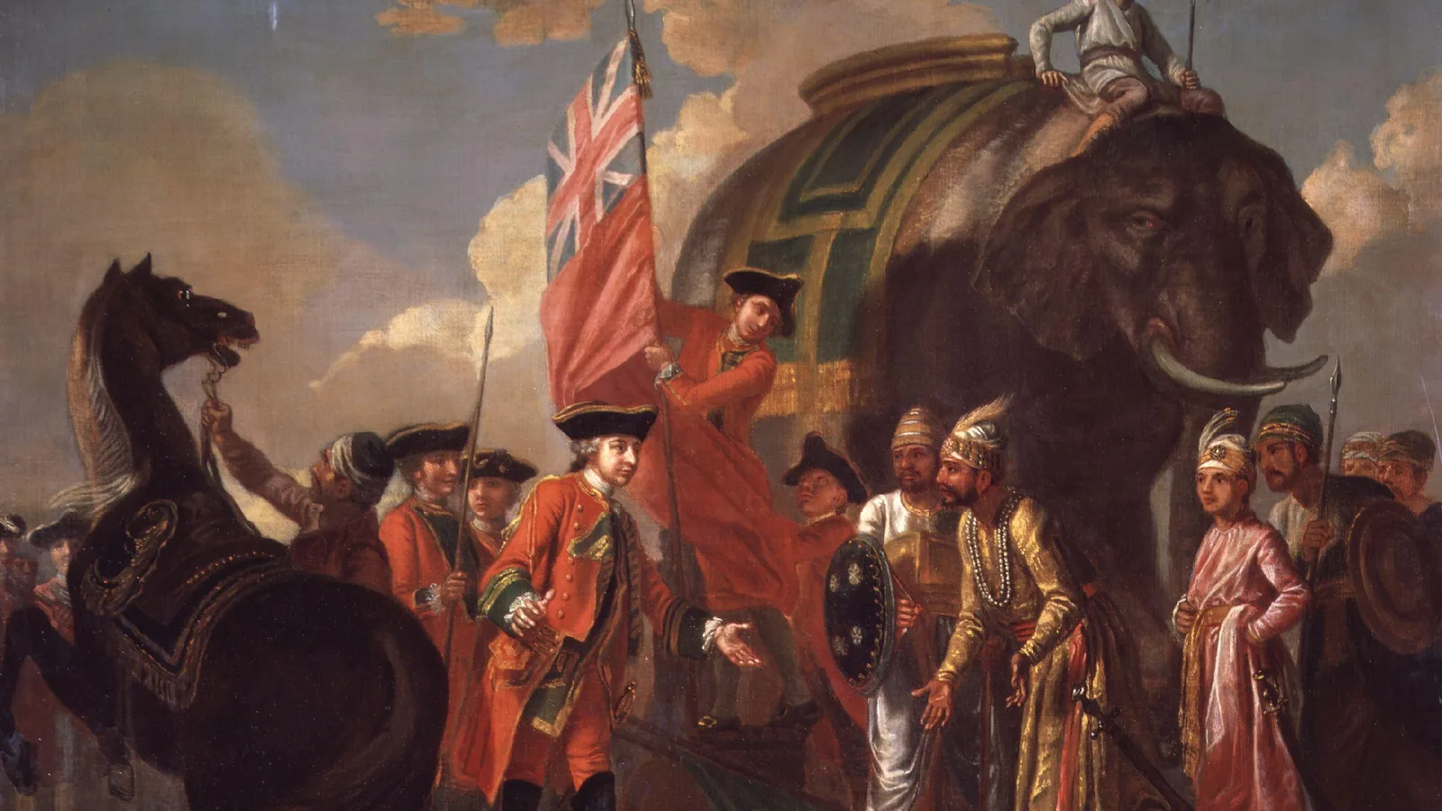 Painting of two men in a tent shaking hands after a battle, attendants looking on