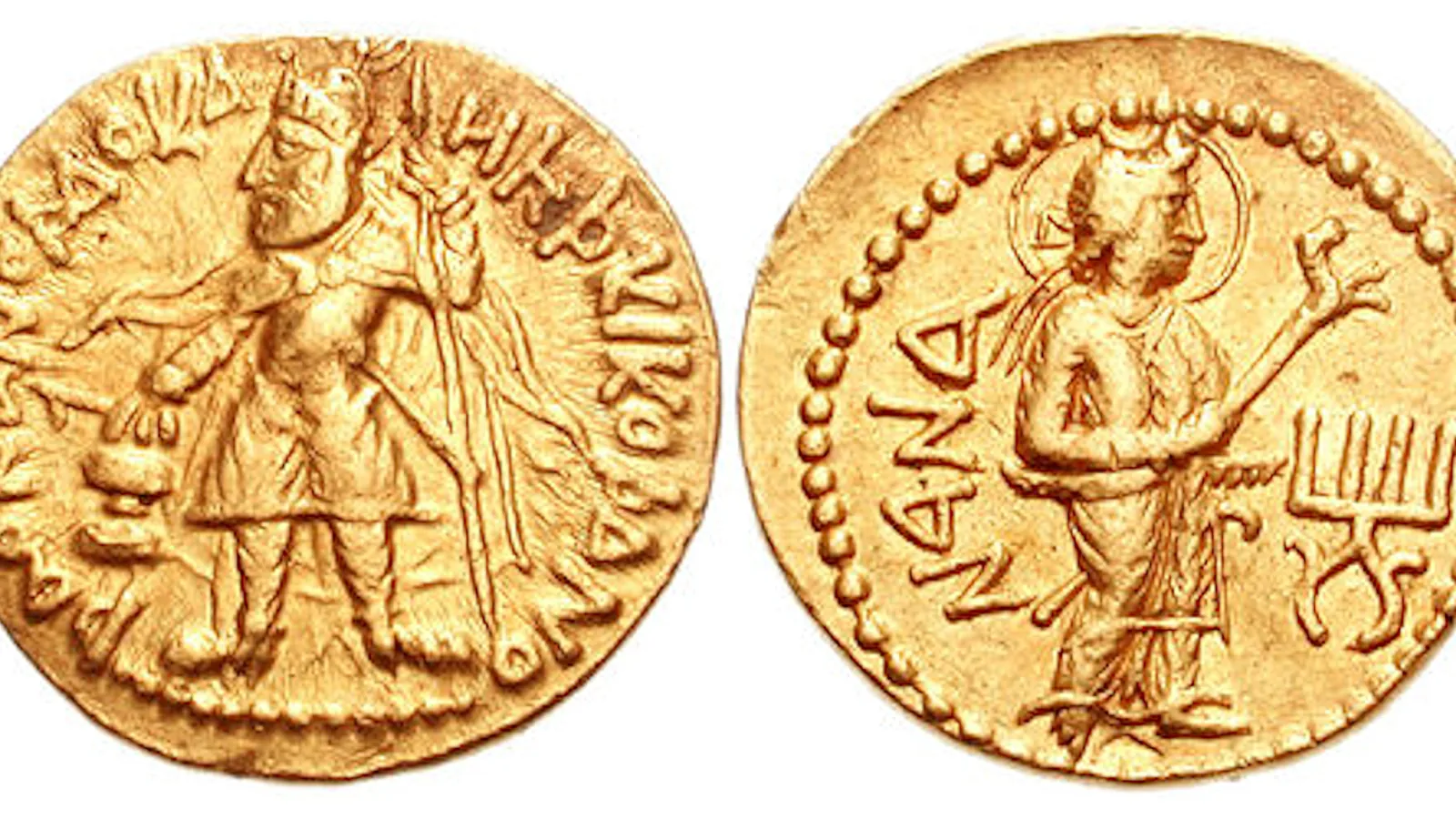 Both sides of a gold coin, a standing crowned king on one face and a standing female figure with a Greek-letter legend on the other