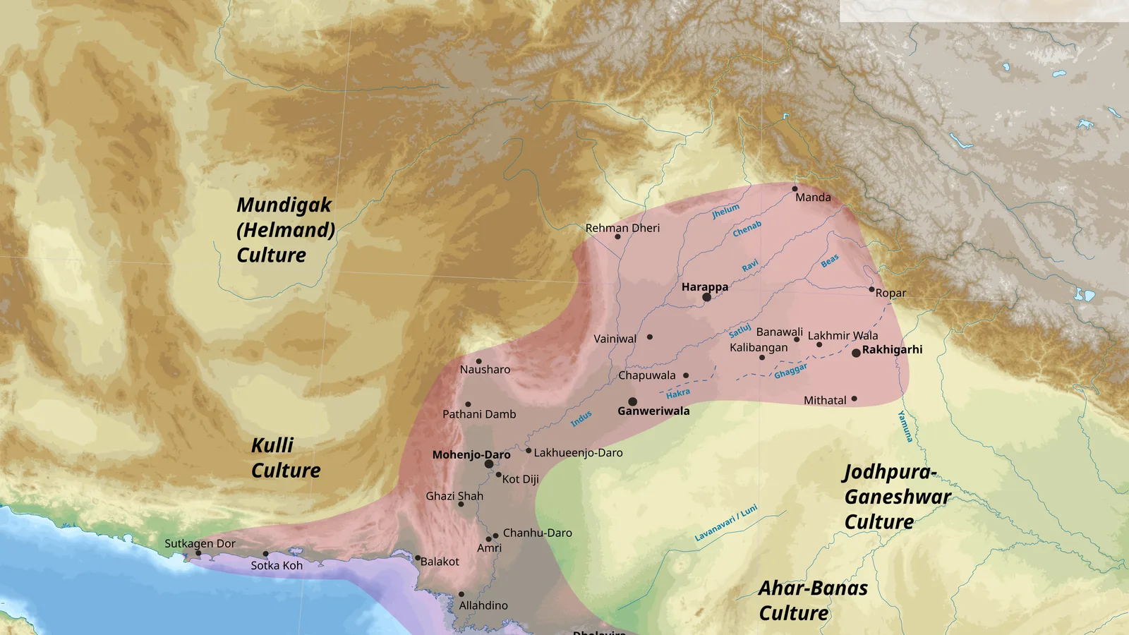 Relief map of the Indus basin with the shaded extent of the Harappan civilization and its five largest sites labeled