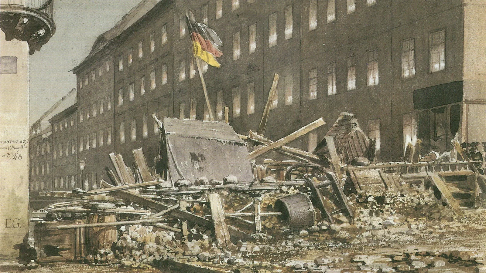 painting of a Berlin street barricade of paving stones and furniture with a crowd around it