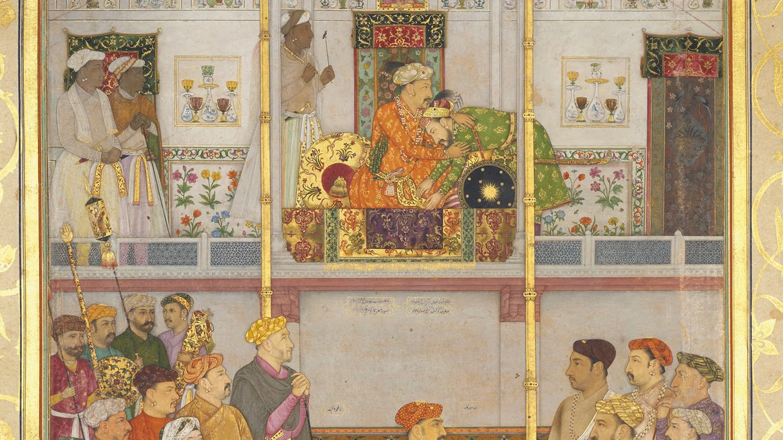 a Mughal painting of an emperor seated under a red canopy on a raised balcony, with rows of courtiers standing below
