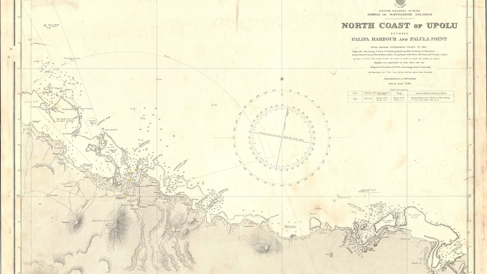 Nautical chart of the north coast of Upolu island with harbor soundings