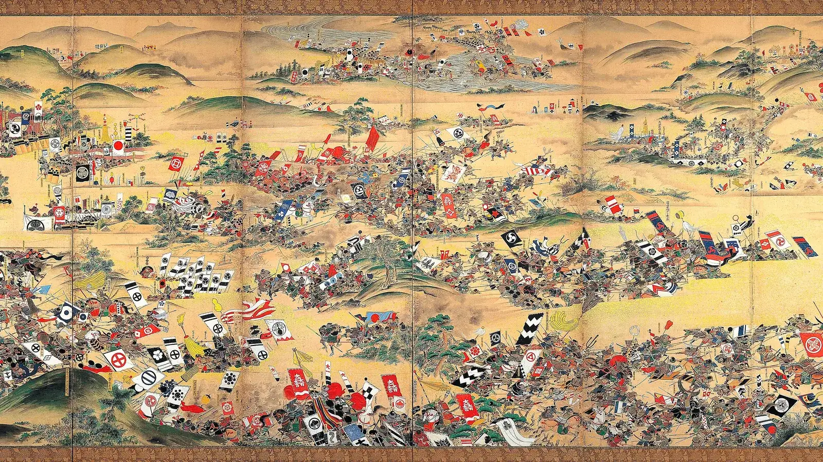 a painted folding screen crowded with armies, banners and horsemen in a valley