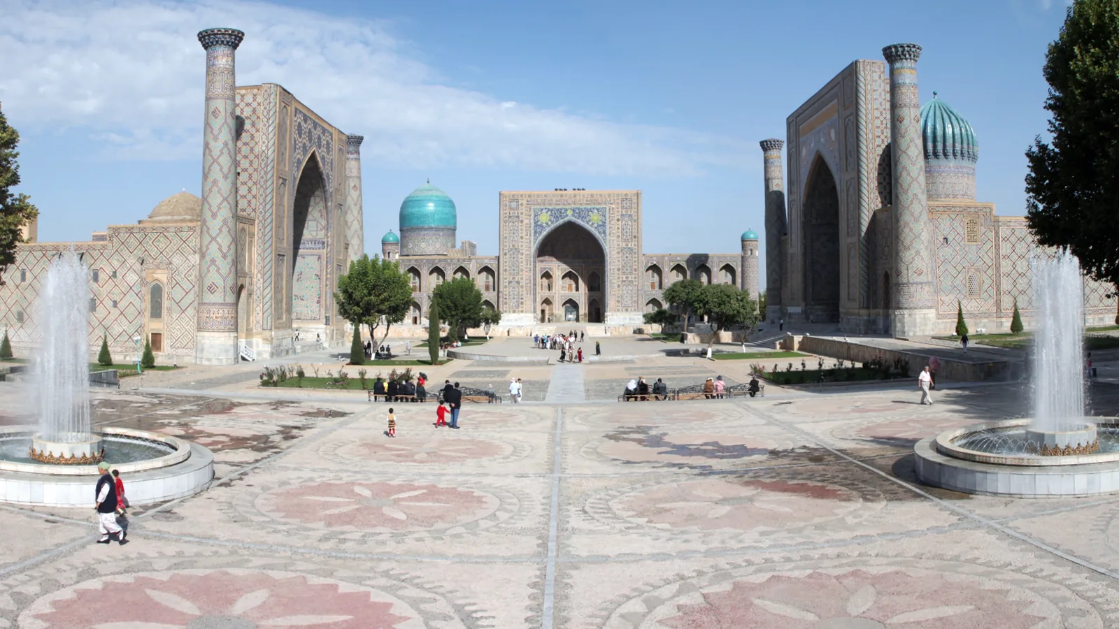 Wide view of the Registan square in Samarkand with its three madrasas facing each other