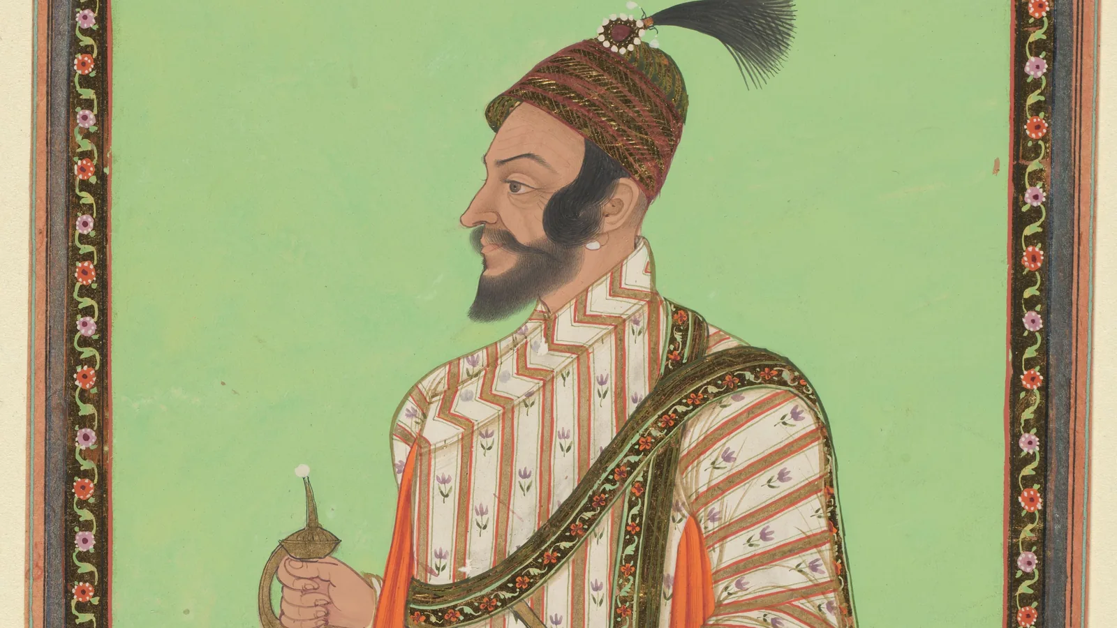 Half-length Indian miniature portrait of Shivaji holding a sword, from the Witsen Album