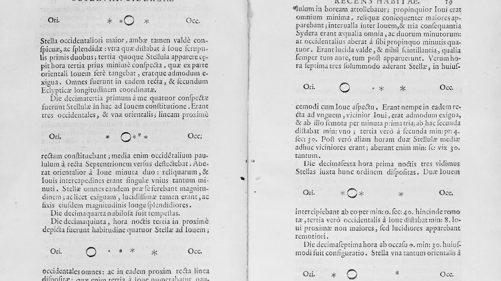 a printed 1610 book page with rows of small symbols marking star positions beside Jupiter on different nights
