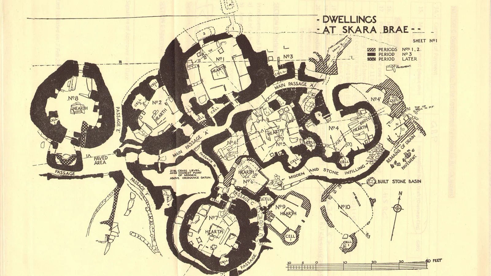 a printed black and white ground plan of clustered stone huts joined by passages, with numbered rooms and hatched walls
