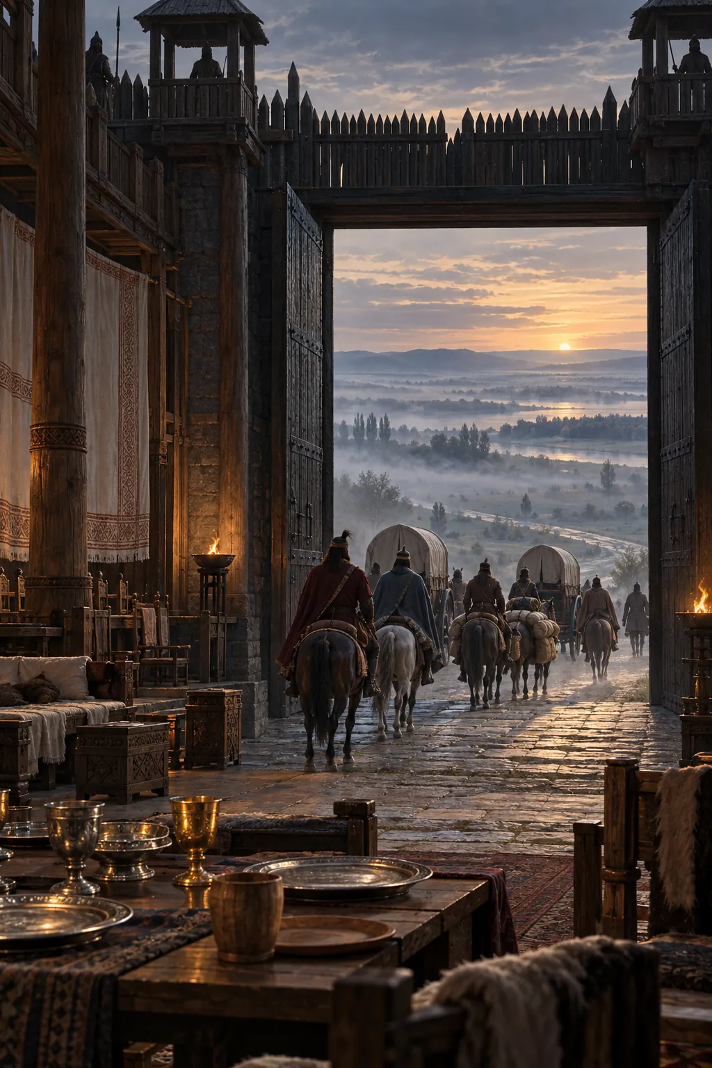 Reconstruction: a column of horses and wagons leaving a city gate at dawn, seen from afar