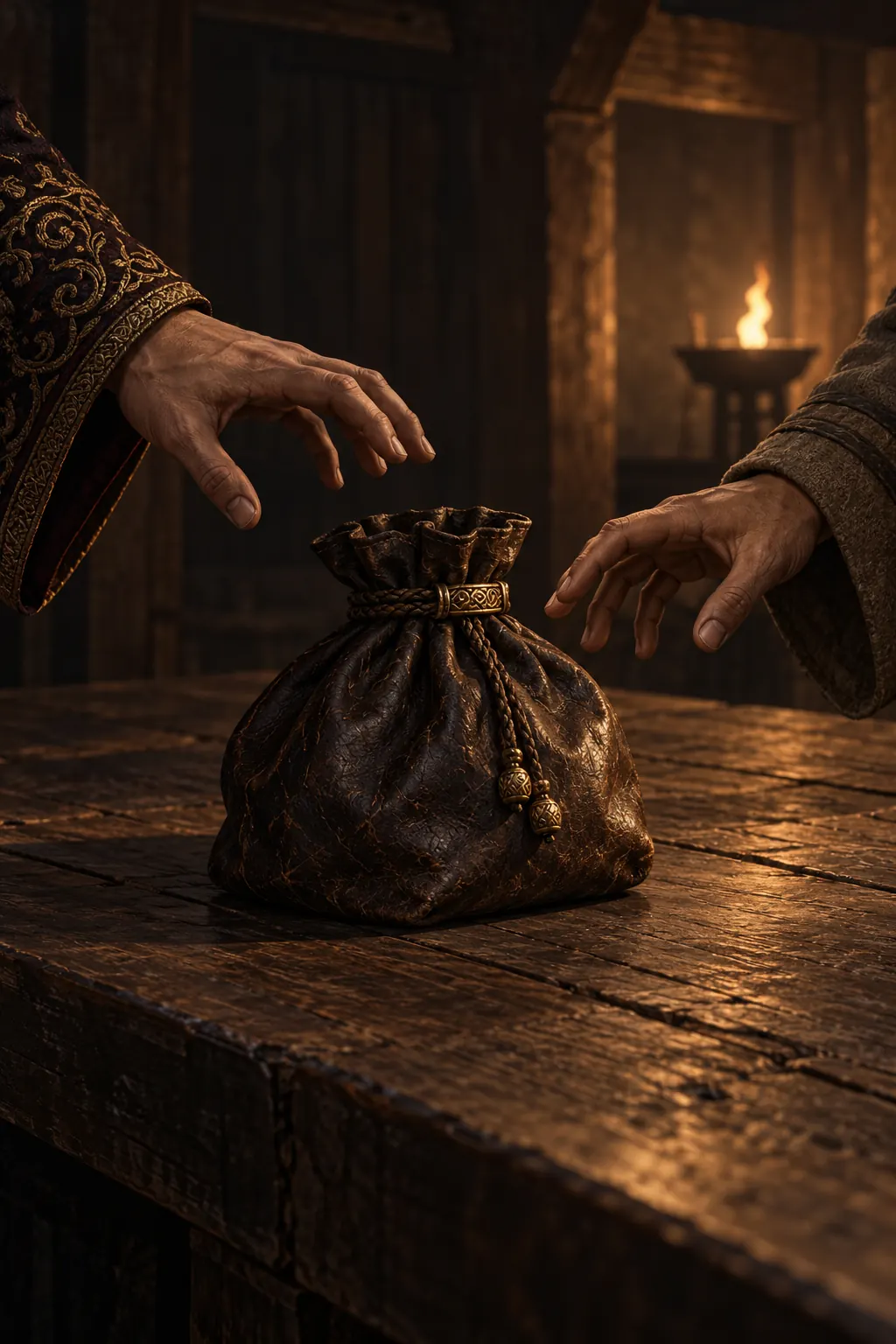 Reconstruction: a leather money bag on a candlelit table with two hands reaching for it