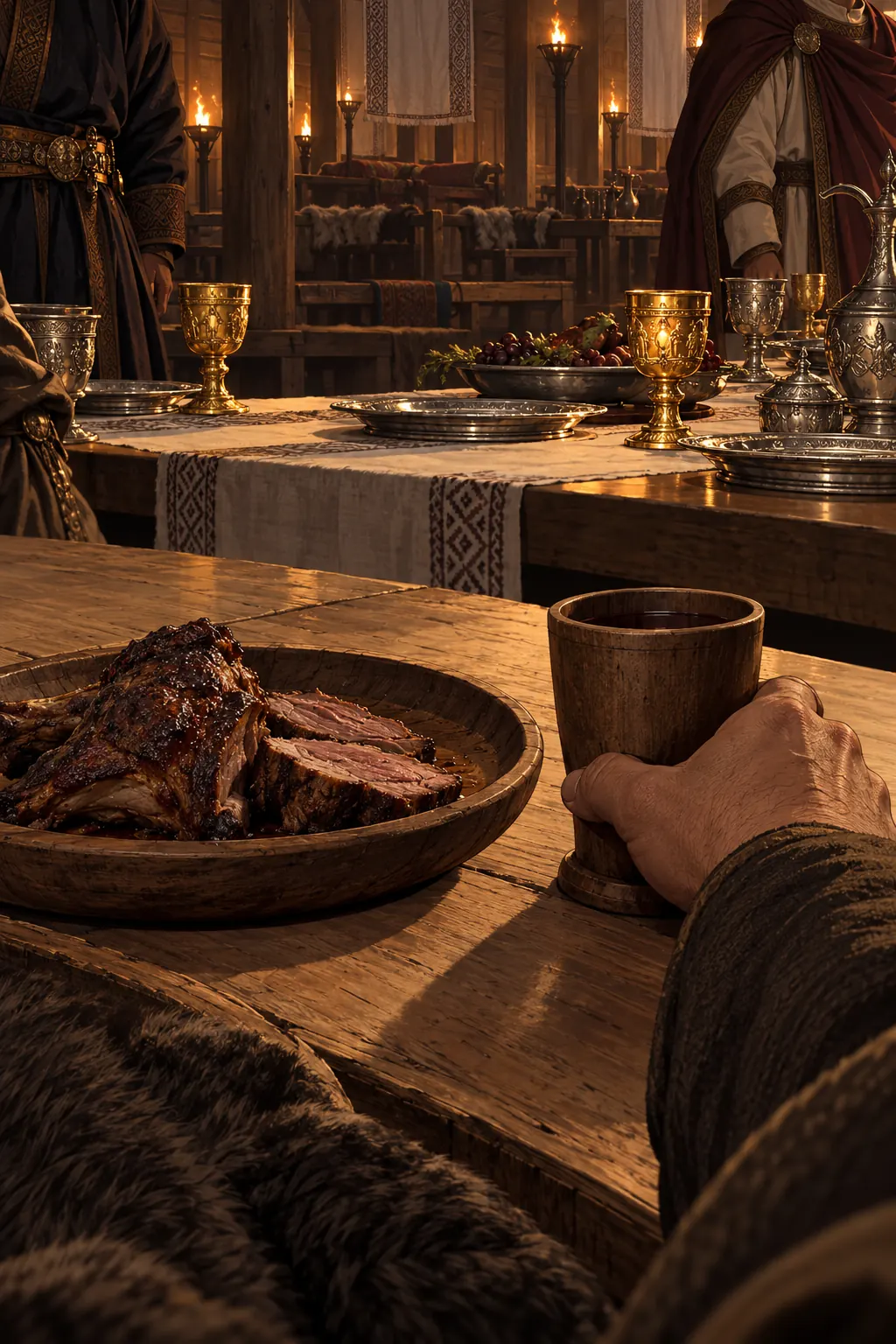 Reconstruction: silver plates and gold cups on the guests' side of a table, a wooden tray and cup on the king's side