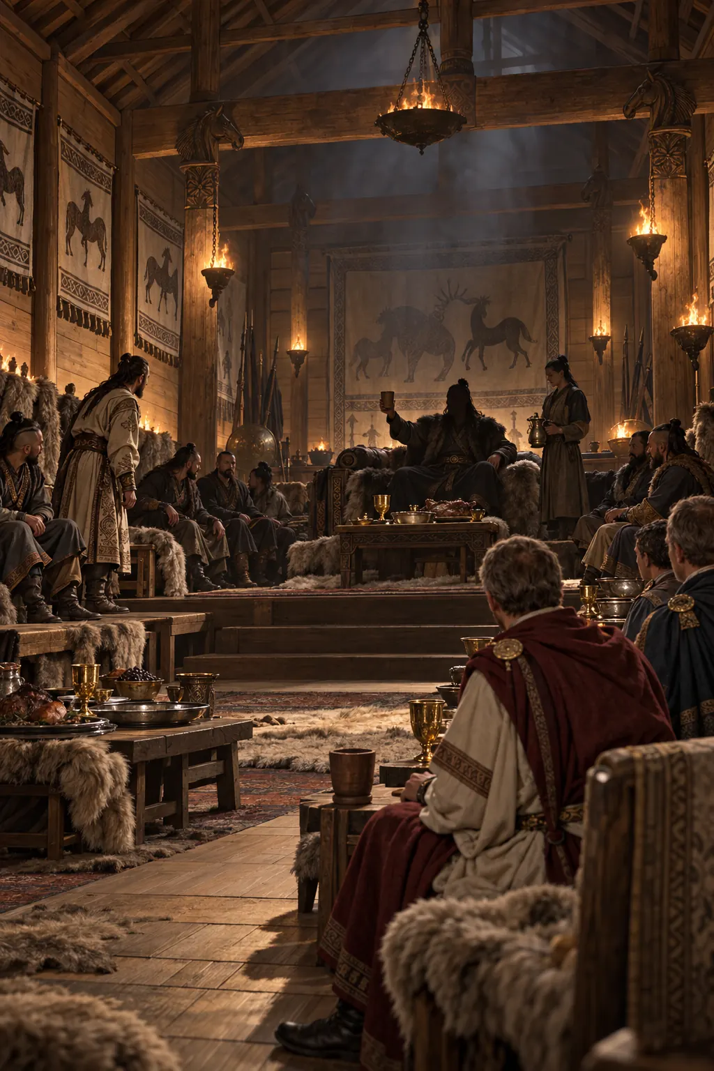 Reconstruction: a timber banqueting hall seen from afar, chairs along the walls, one hand raising a cup