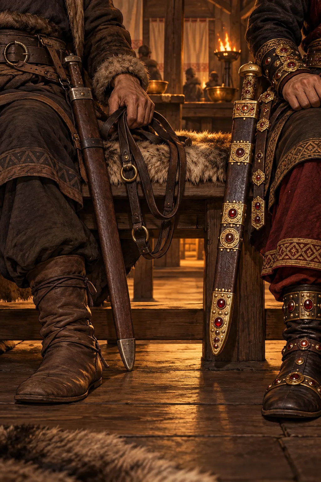 Reconstruction: close-up of a plain scabbard, plain leather shoe laces and an undecorated bridle