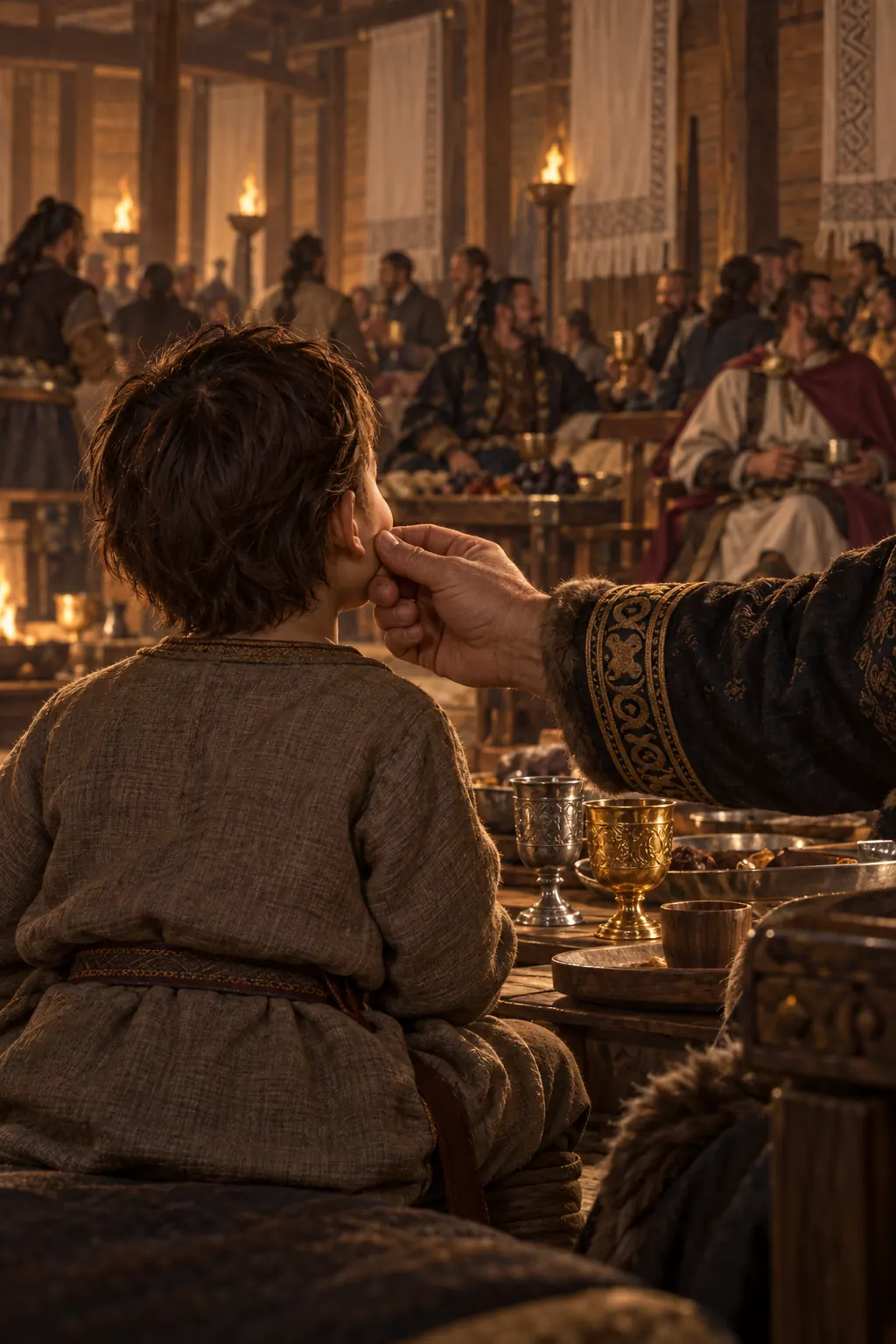 Reconstruction: a large hand touching a child's cheek in a blurred, firelit feast