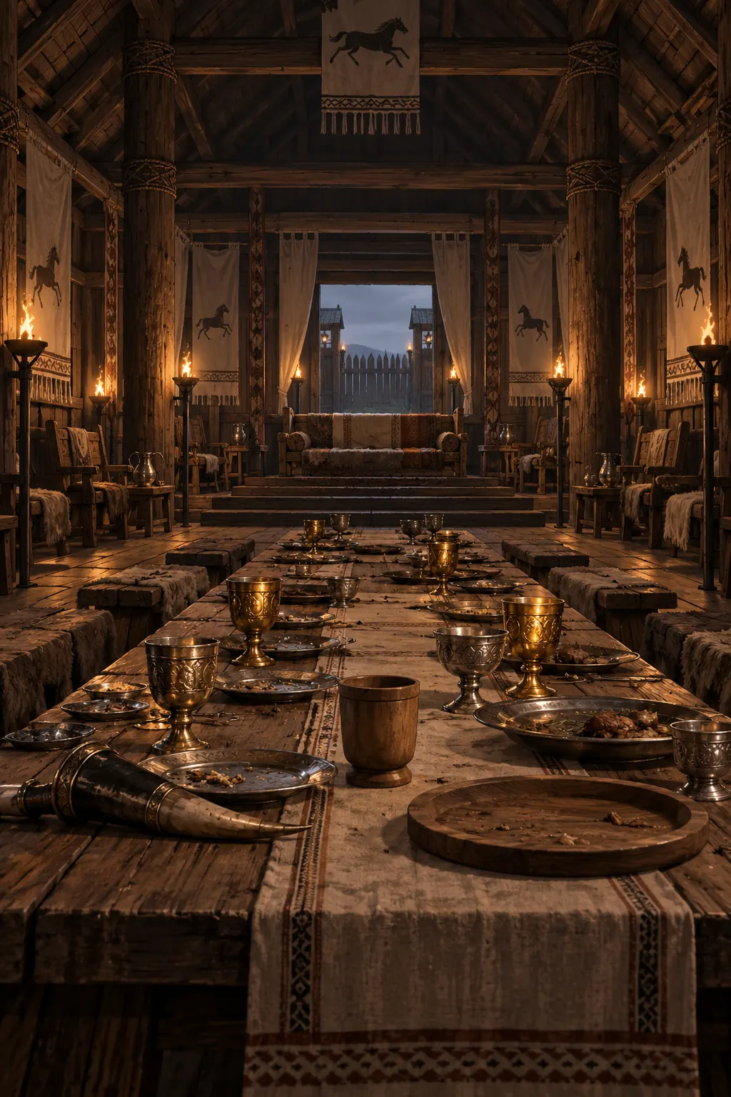 Reconstruction: a single wooden cup left on a table in an empty banqueting hall