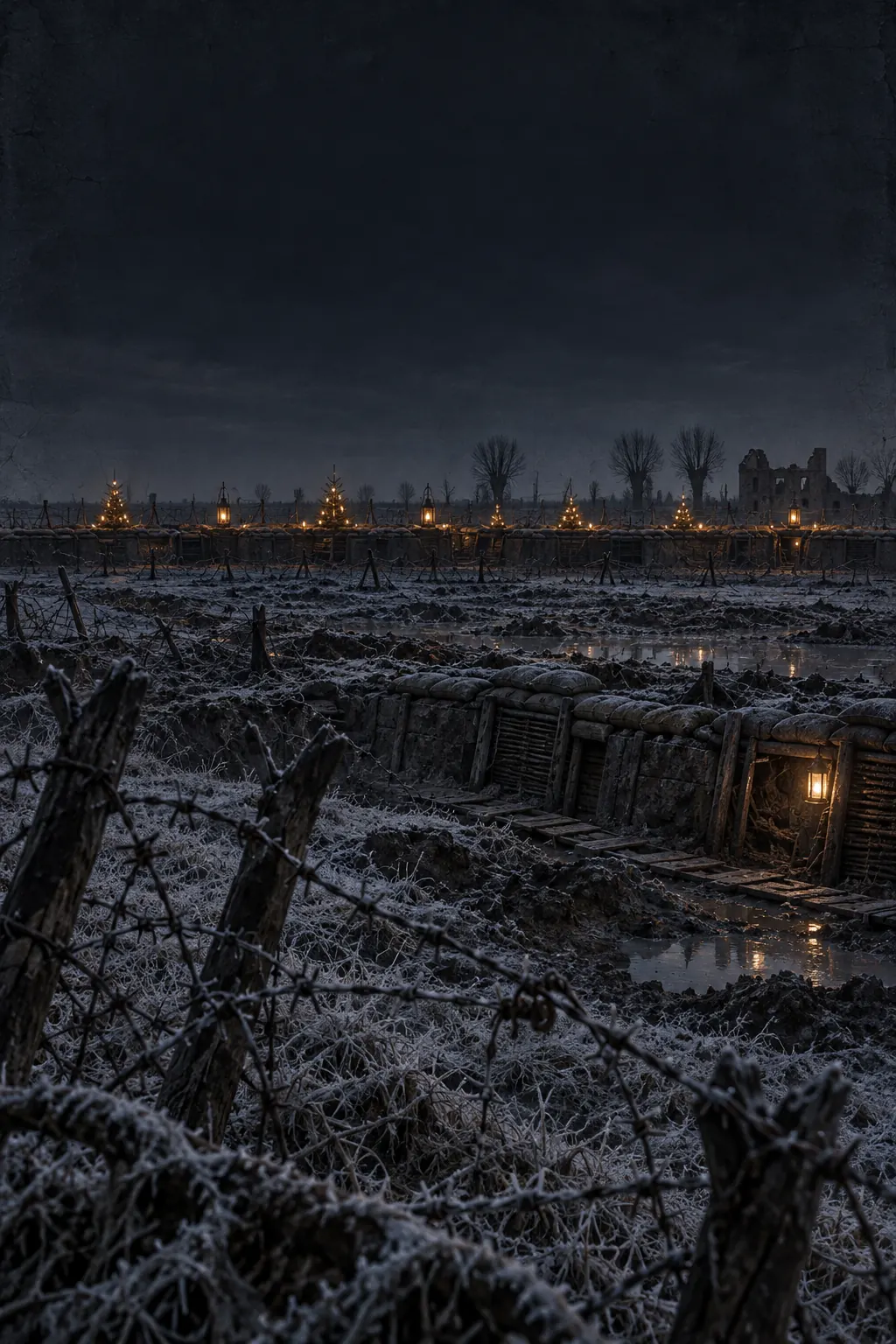 Reconstruction: frosty no man's land beyond barbed wire, small lights on the far trench