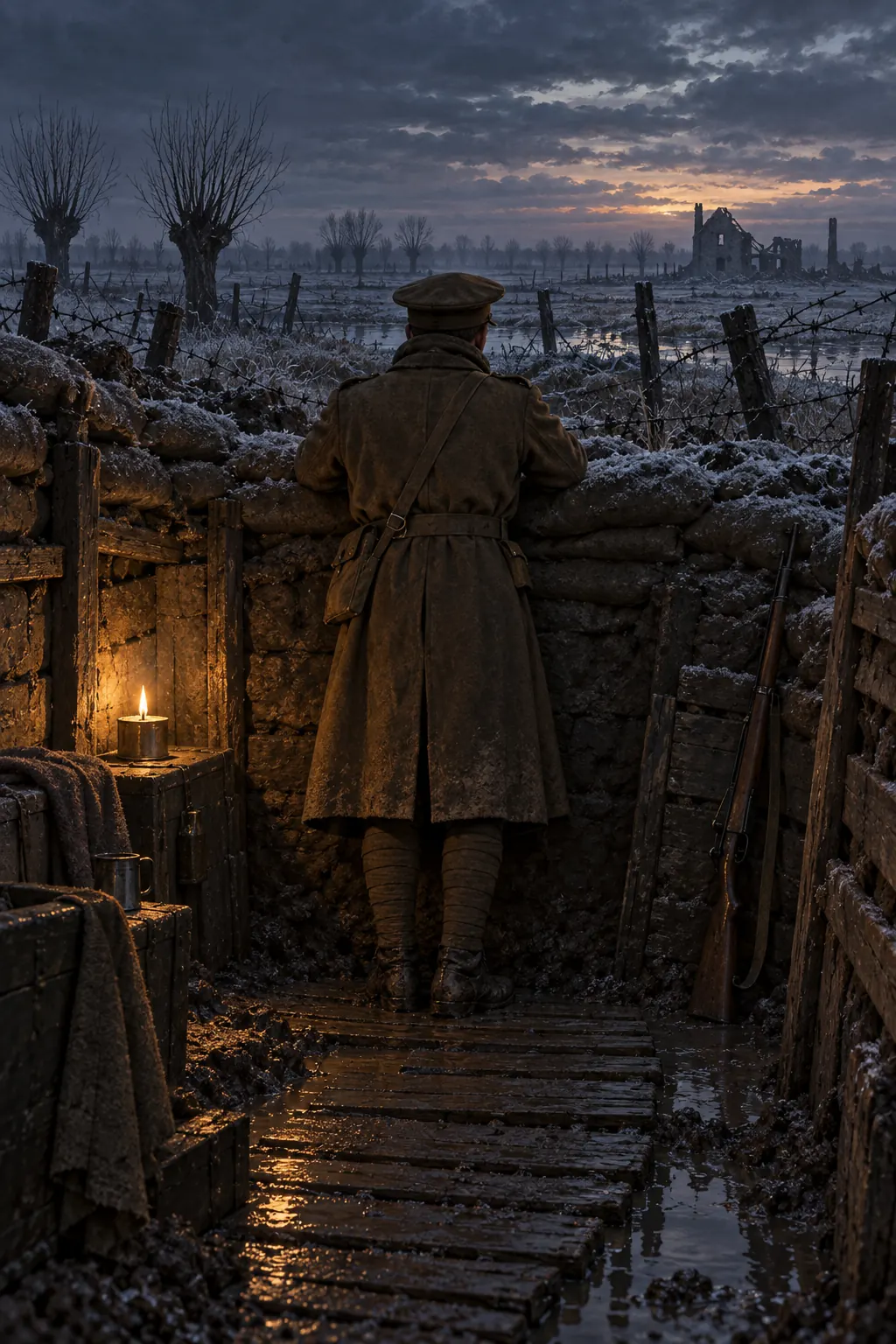 Reconstruction: a waterlogged trench with sandbags and planks, one soldier seen from behind