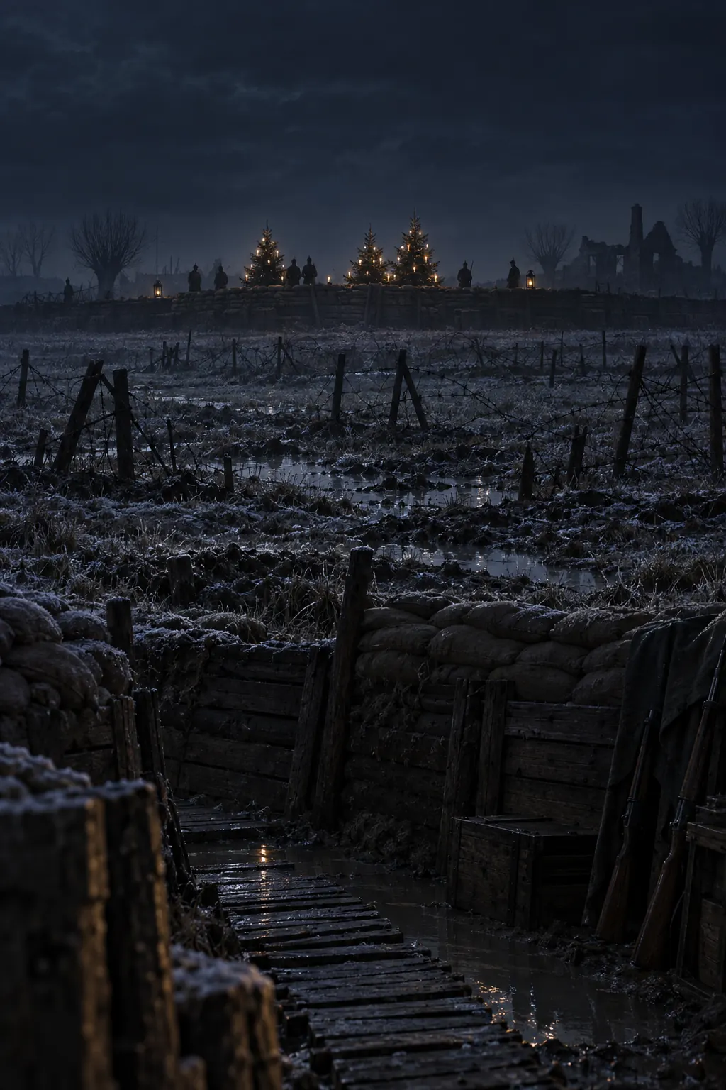 Reconstruction: a small fir tree and candles on the parapet of the trench opposite, seen from afar