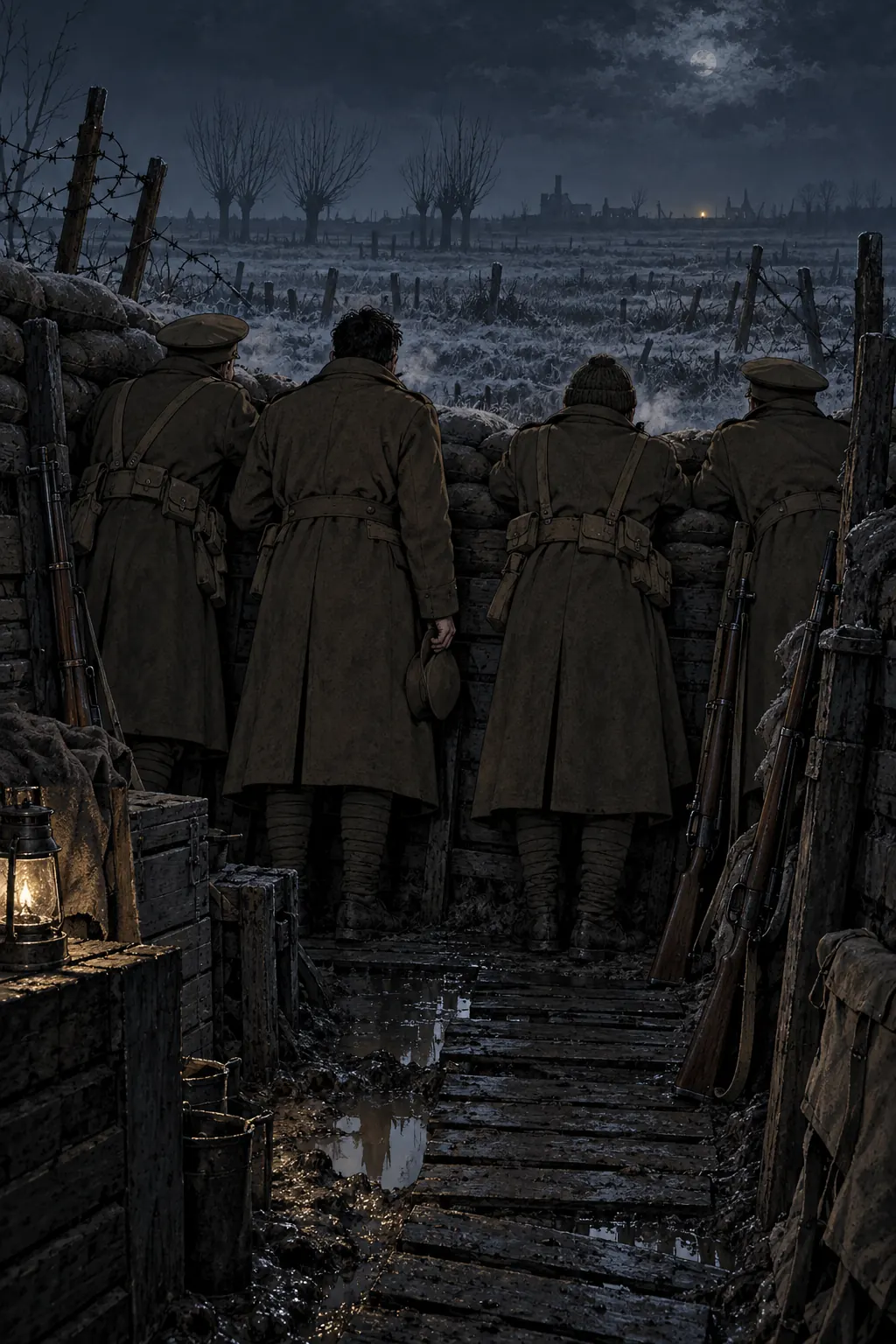 Reconstruction: soldiers seen from behind in a trench, heads raised, listening across the lines