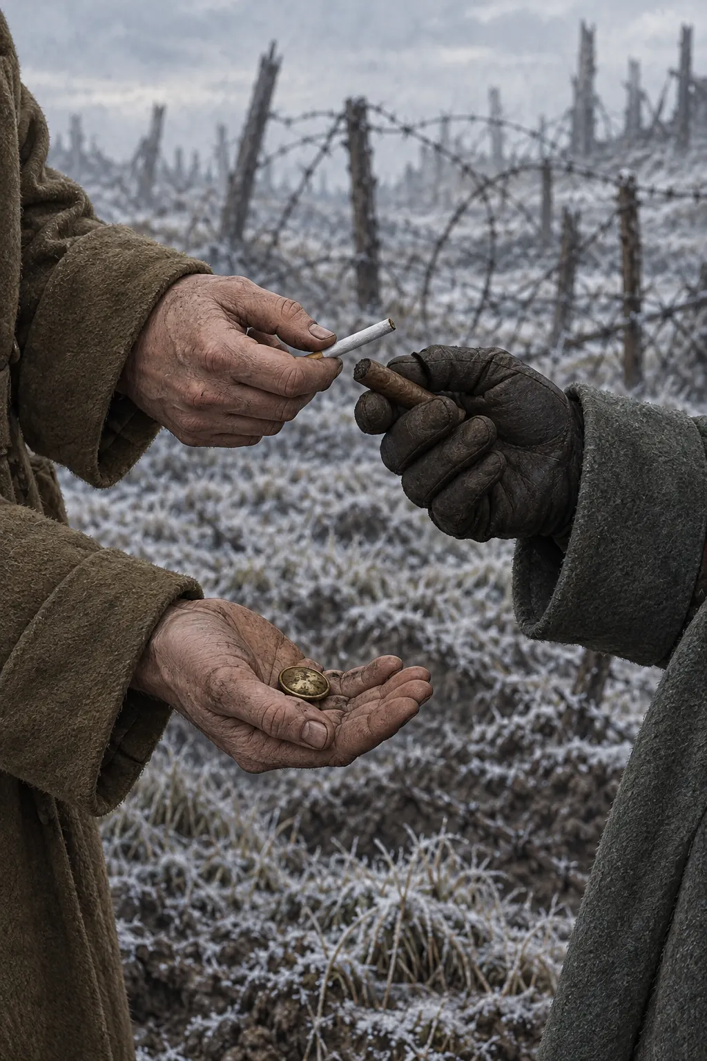 Reconstruction: two hands in different uniforms passing a cigarette in no man's land