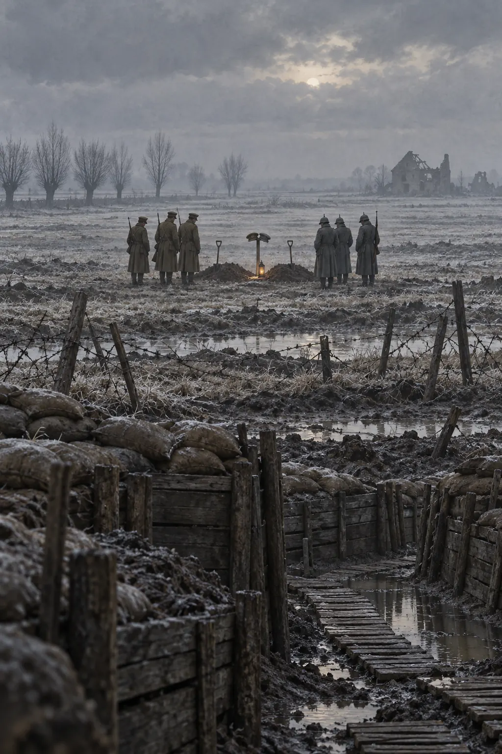 Reconstruction: a mound of earth, two spades and two different military caps, seen from a distance