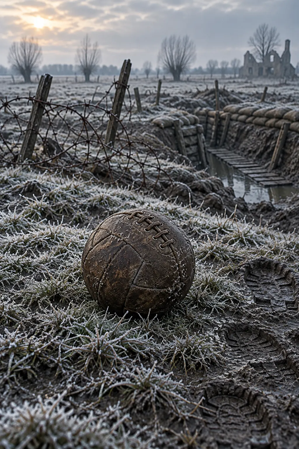 Reconstruction: a leather football on frosty grass