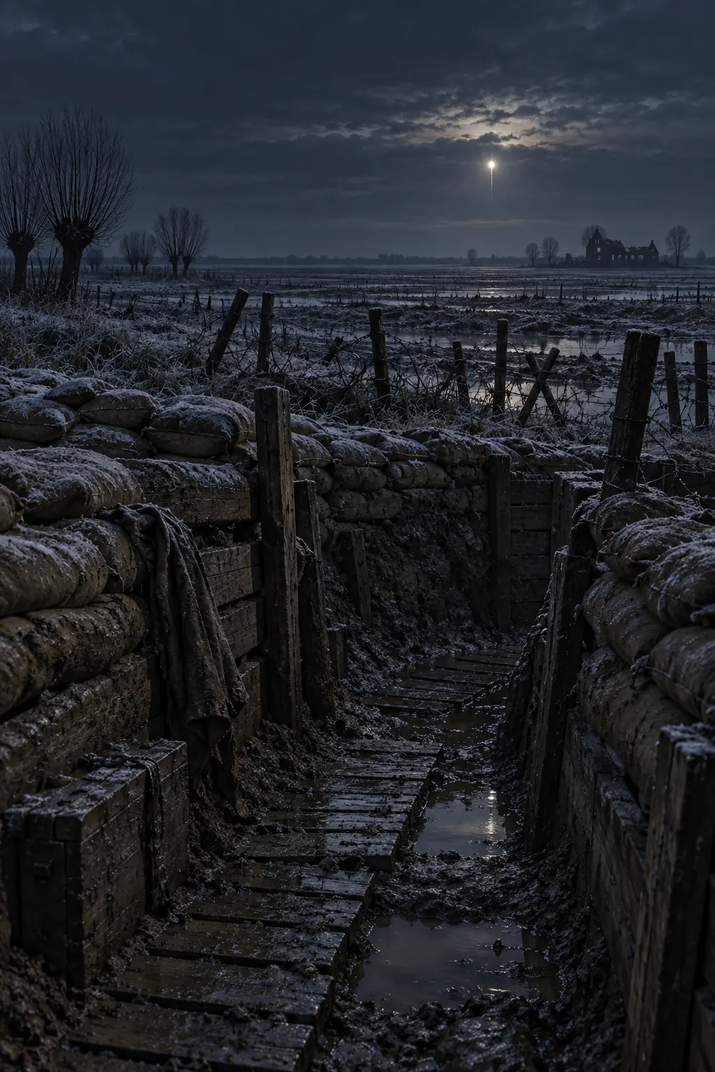 Reconstruction: a distant flare over an empty trench in another sector