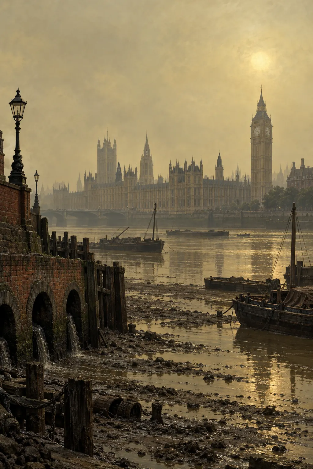 Reconstruction: a murky river in summer haze with the Gothic outline of Parliament across the water