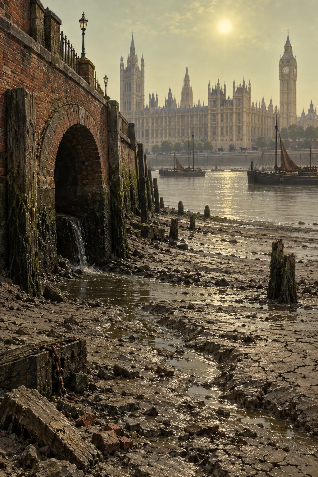 Reconstruction: a low river exposing a mud bank and a brick sewer outlet opening onto it