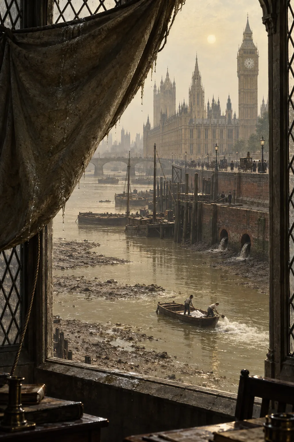 Reconstruction: wet cloth hung in a Parliament window, a small boat spreading lime on the river beyond